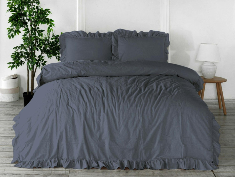 Pościel 160x200 szary Natural Grey z falbanką Stonewashed