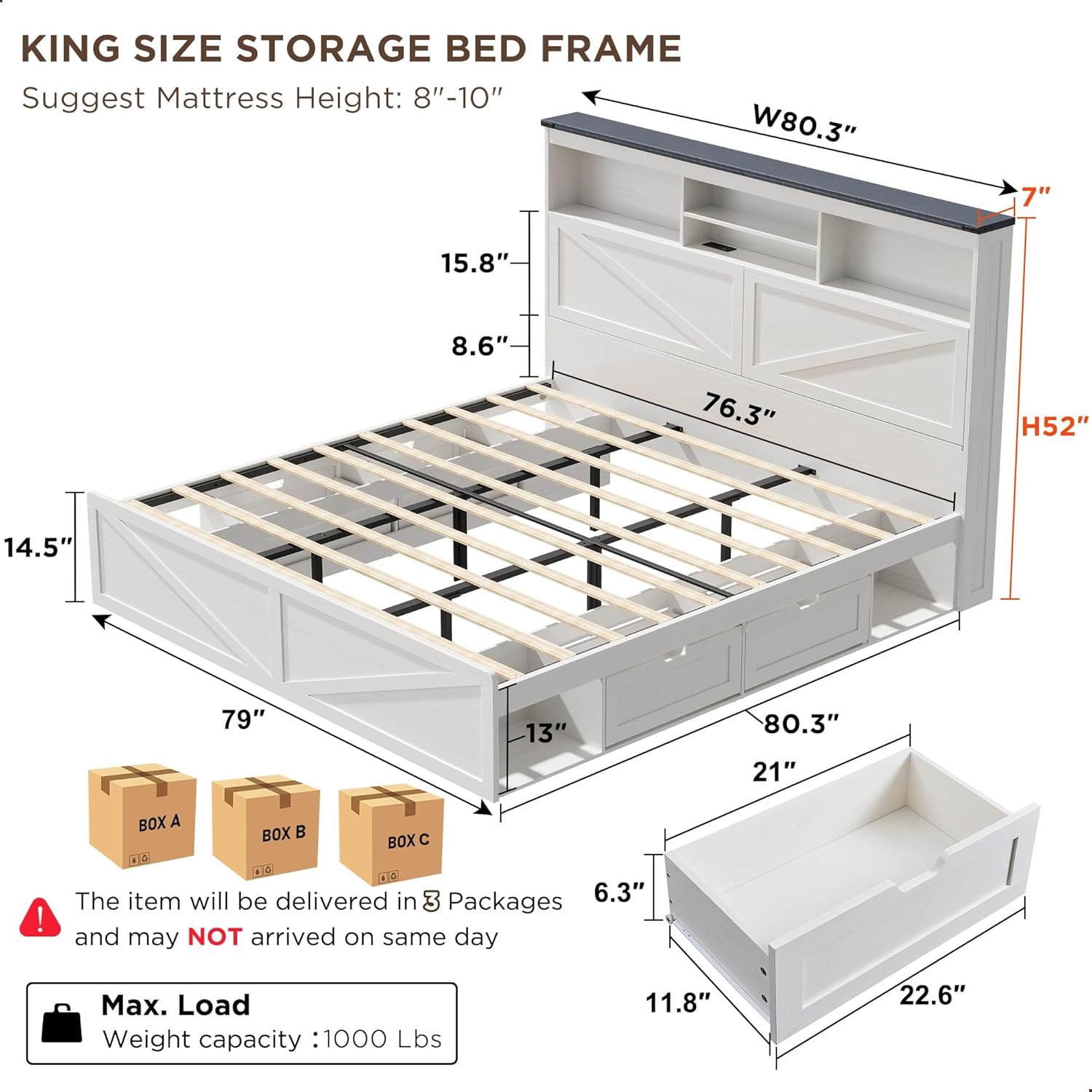 ACCOHOHO King Bed Frame Farmhouse with 52 Storage Bookcase Headboard, 4 Drawers Wooden Bed Frame, LED Light, Charging Station - White