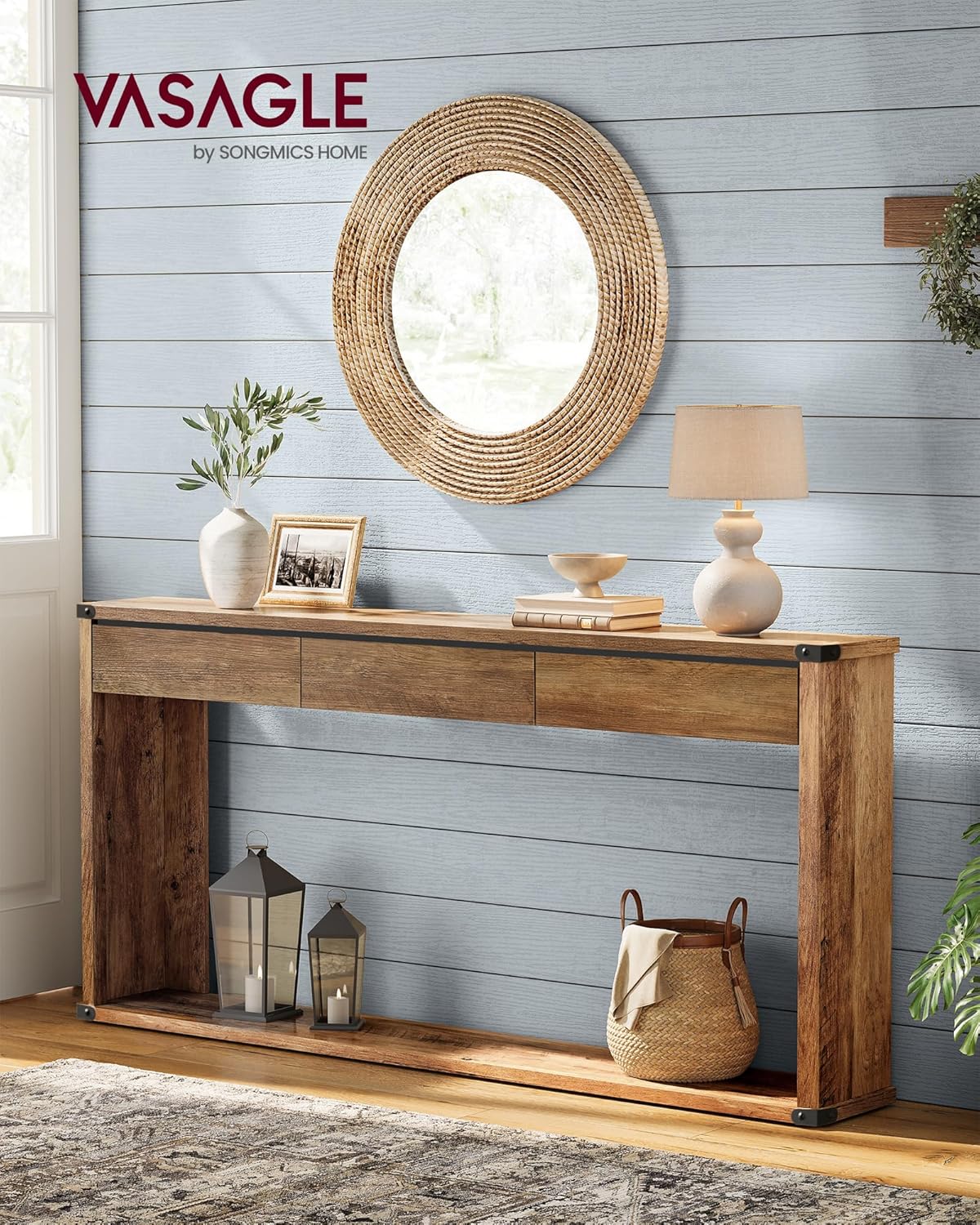 VASAGLE Sofa Console Table, 63 Inches Narrow Entryway Table with 3 Drawers, Bottom Shelf, Metal Corners, for Living Room, Bedroom, Farmhouse Style, Honey Brown ULNT146KB01S