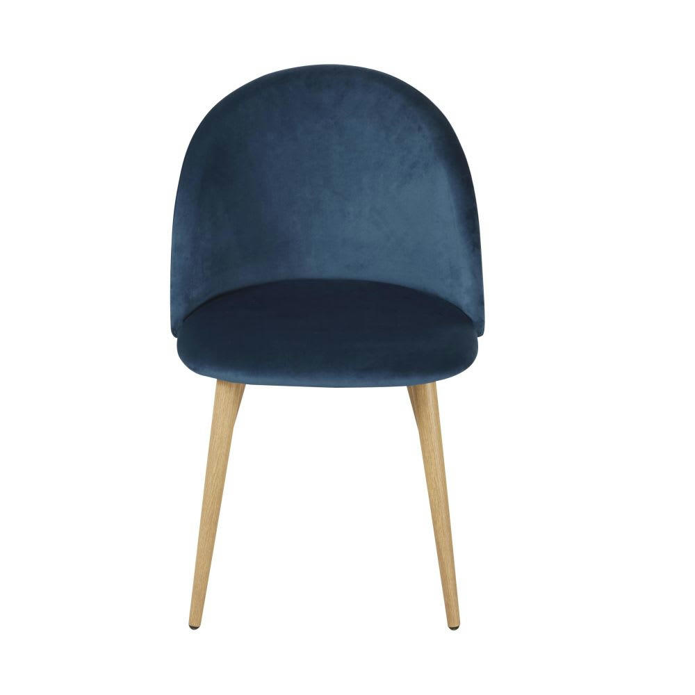 Mauricette BUSINESS - Chaises professionnelles vintage en velours recyclé bleu nuit et métal imitation chêne (x2)