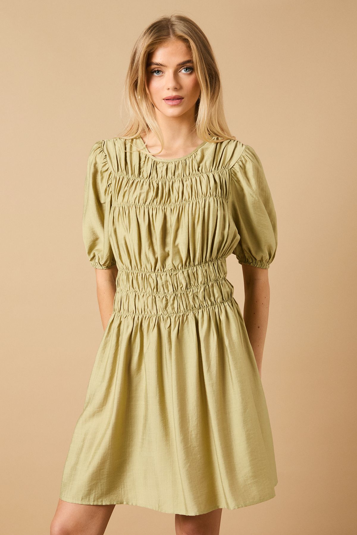 Oasis Shirred Bodice Puff Sleeve Mini Dress
