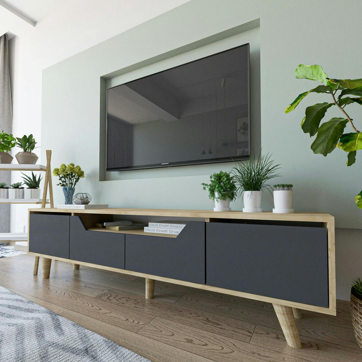 Long meuble TV 4 portes grises et cadre clair 180 cm MARFA