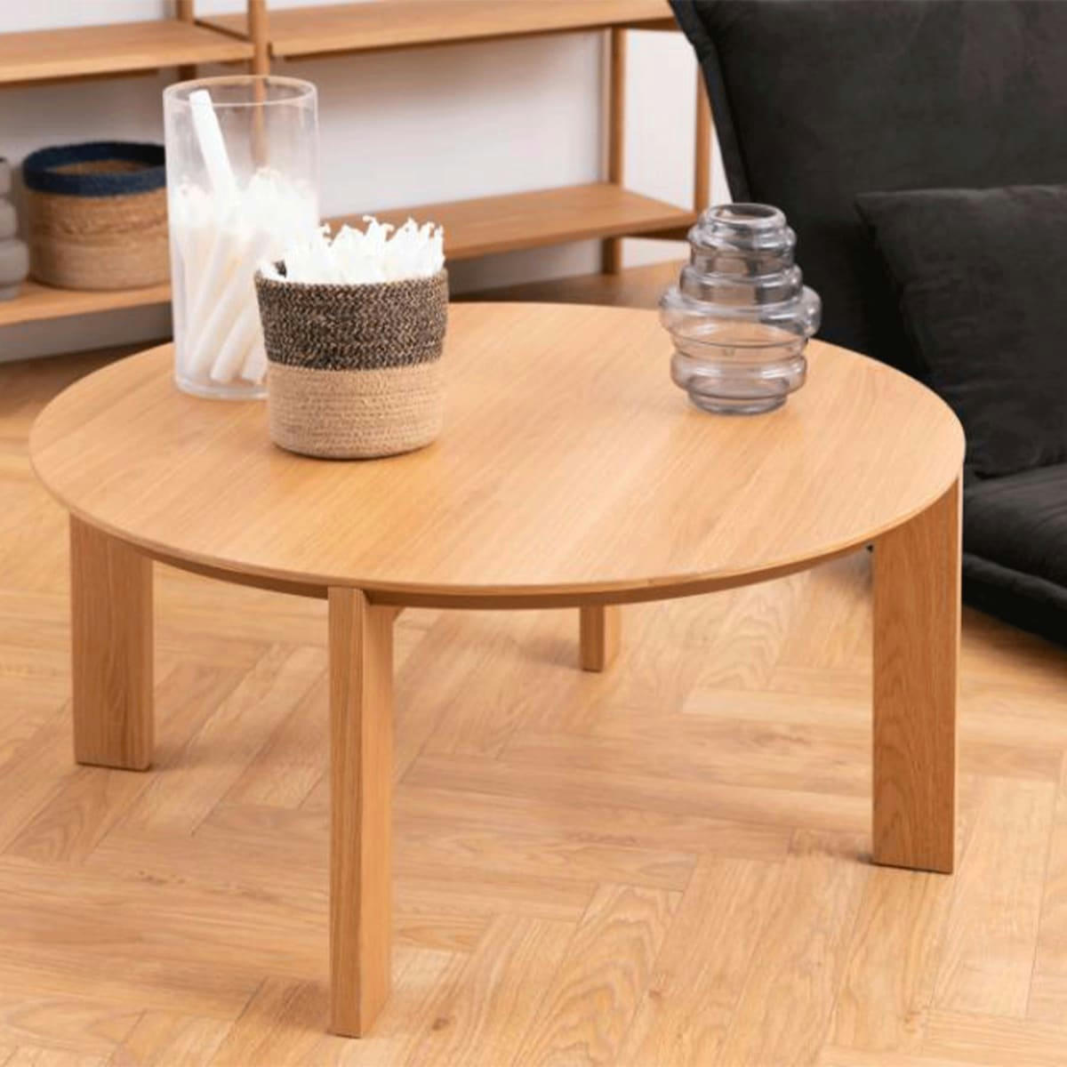 PLAKINE - Table basse ronde 90cm en bois de chêne