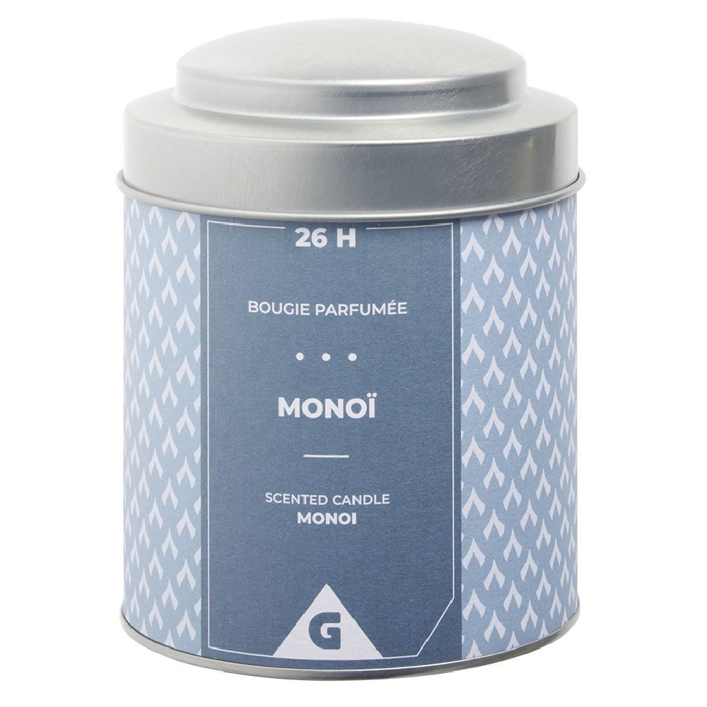Bougie parfumée dans pot métal gris et bleu senteur monoï 26H