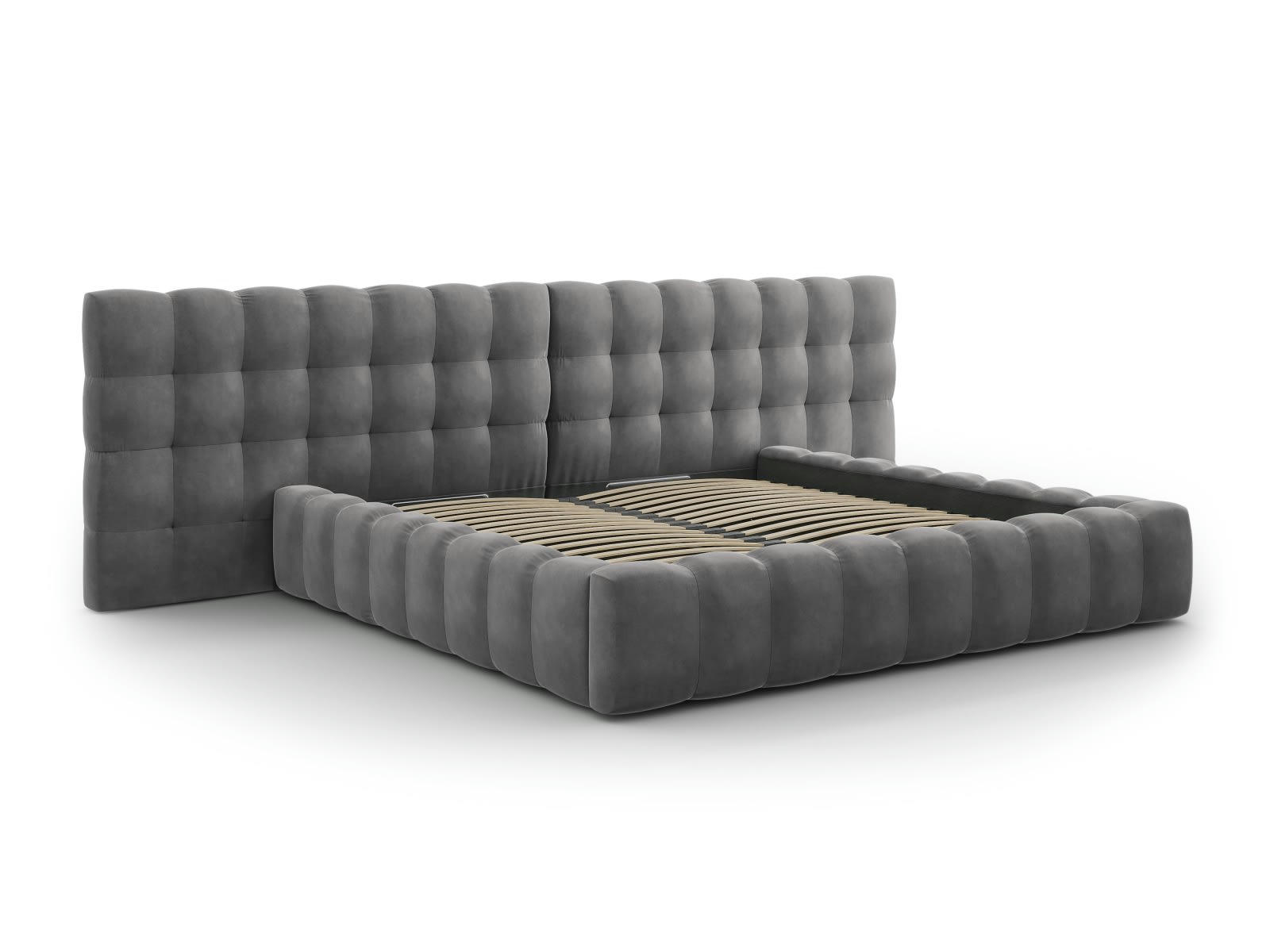MAMAIA - Lit coffre en avec tête de lit double 200x200cm en tissu velours gris