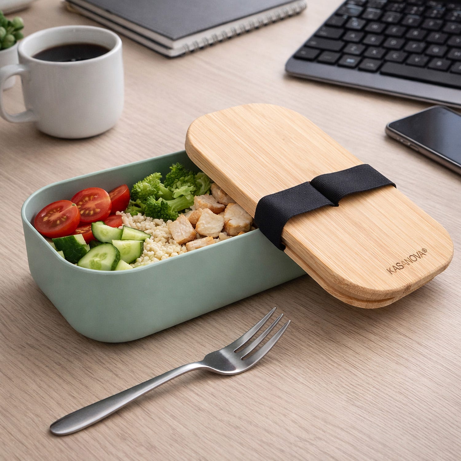 Lunch box ermetico verde in bambù con elastico, 750 ml