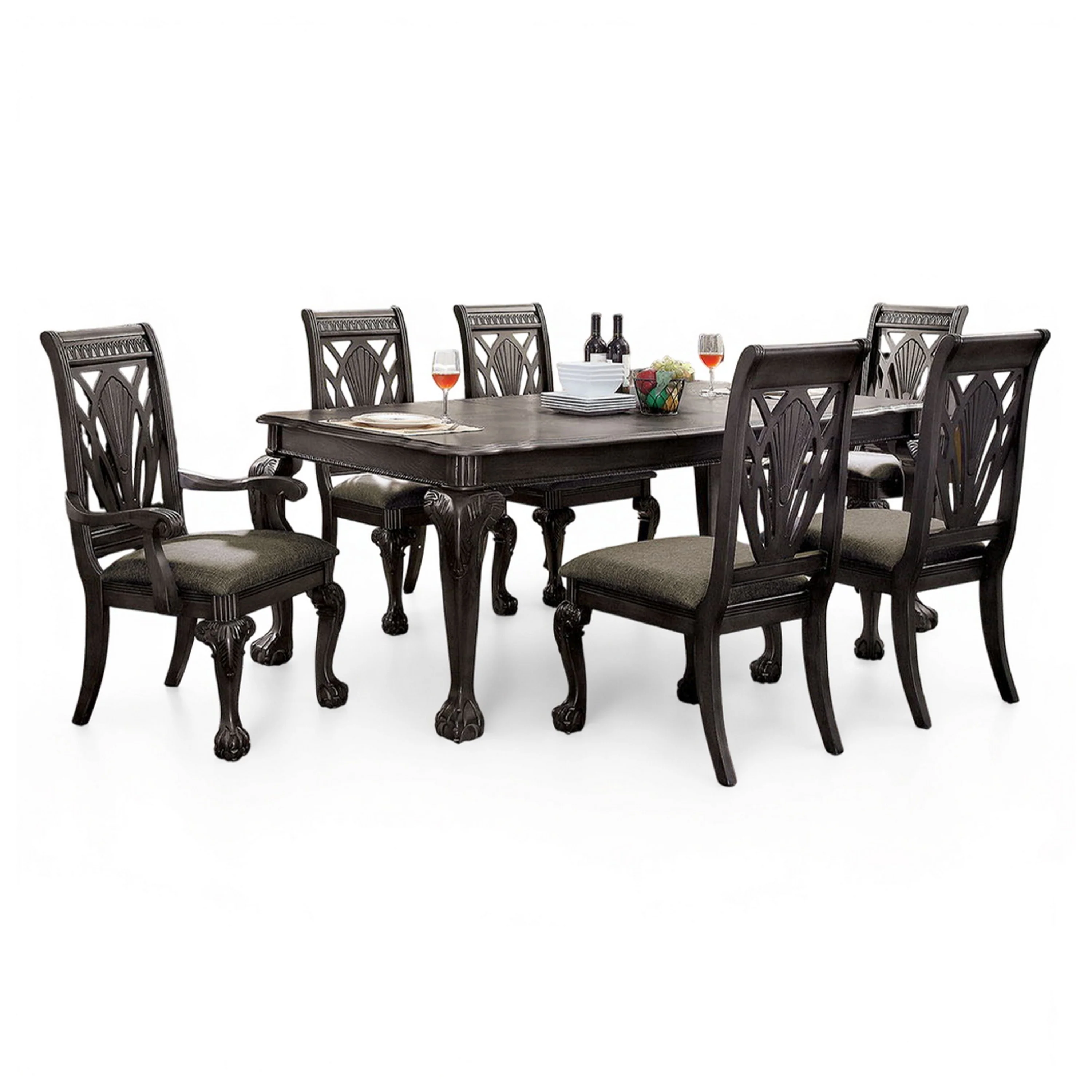 Burg 7pc Dining Table Set, Carved Trim Details, Dark Gray Solid Wood