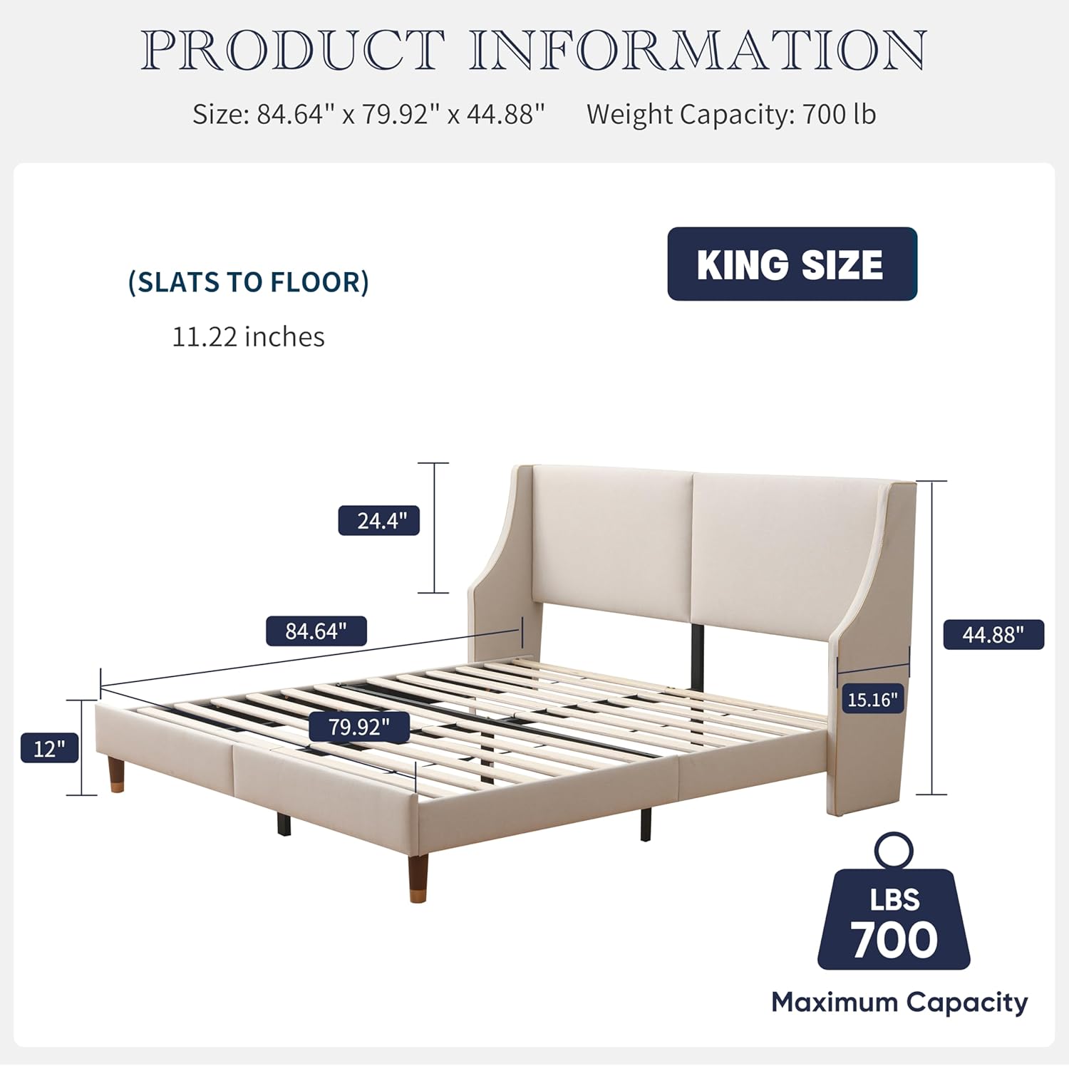 King Size Upholstered Platform Bed Frame with Wingback Headboard, Linen Fabric & Wooden Slats Support, Modern Golden PVC Material Edge for Bedroom,No Box Spring Needed, Easy to Assemble, Beige