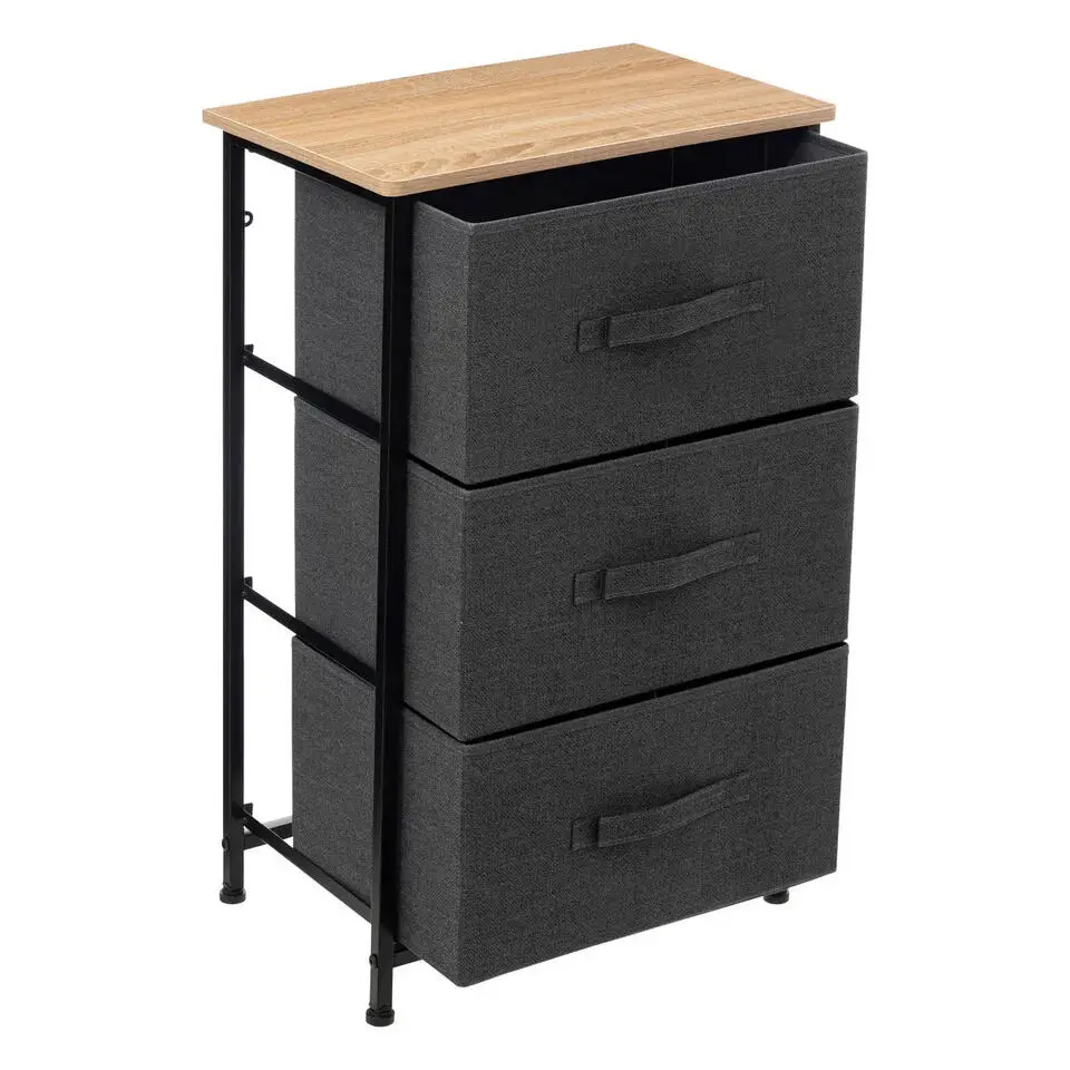 5Five Opbergkast - 3x mand - 43x30x73cm - hout/stof donkergrijs