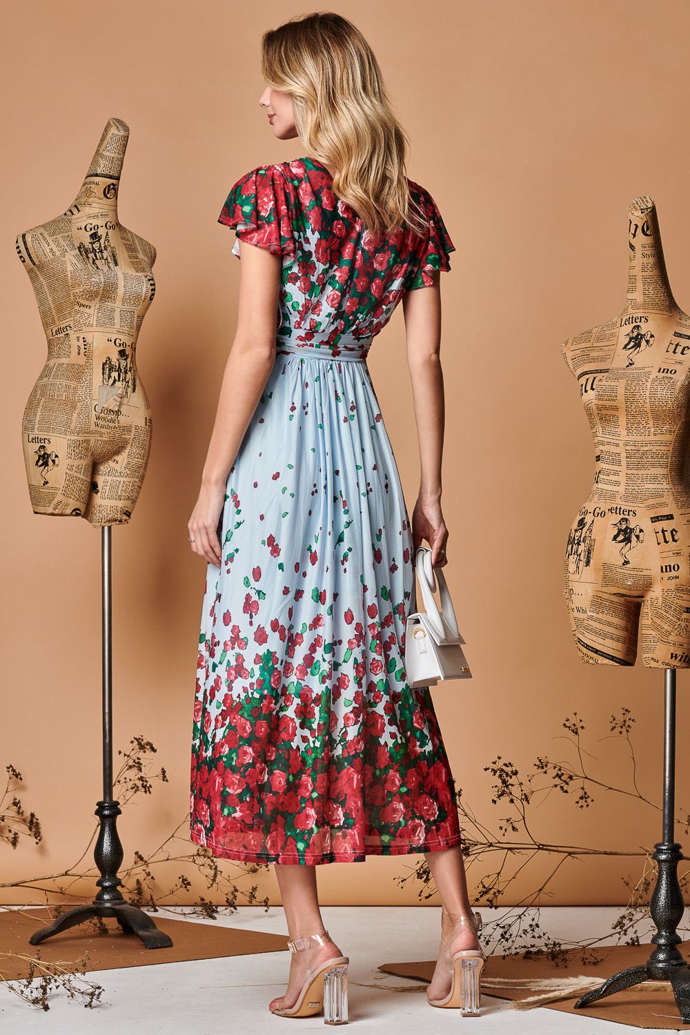 Jolie Moi Symmetrical Floral Print Mesh Maxi Dress