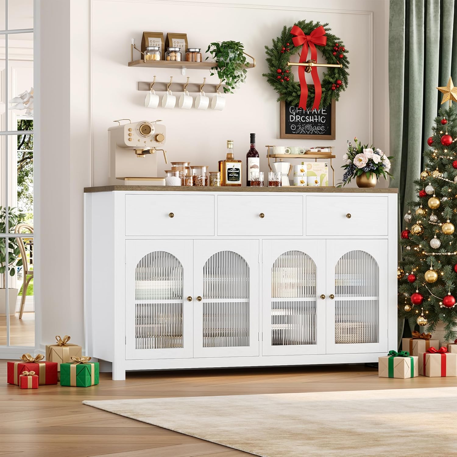 FINETONES Buffet Cabinet with Storage, 55.1 Large Sideboard Buffet Cabinet, Farmhouse Kitchen Cabinets with 3 Drawers and 4 Doors, Wood Coffee Bar for Kitchen Dining Room