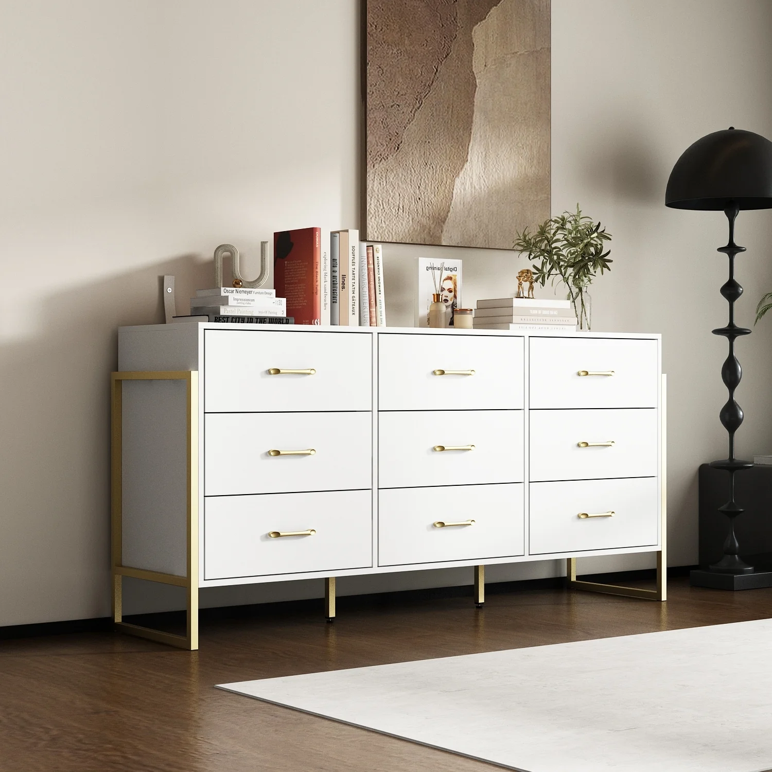 Elegant 9-Drawer Dresser with Gold Accents - Black Stripe Finish Chest