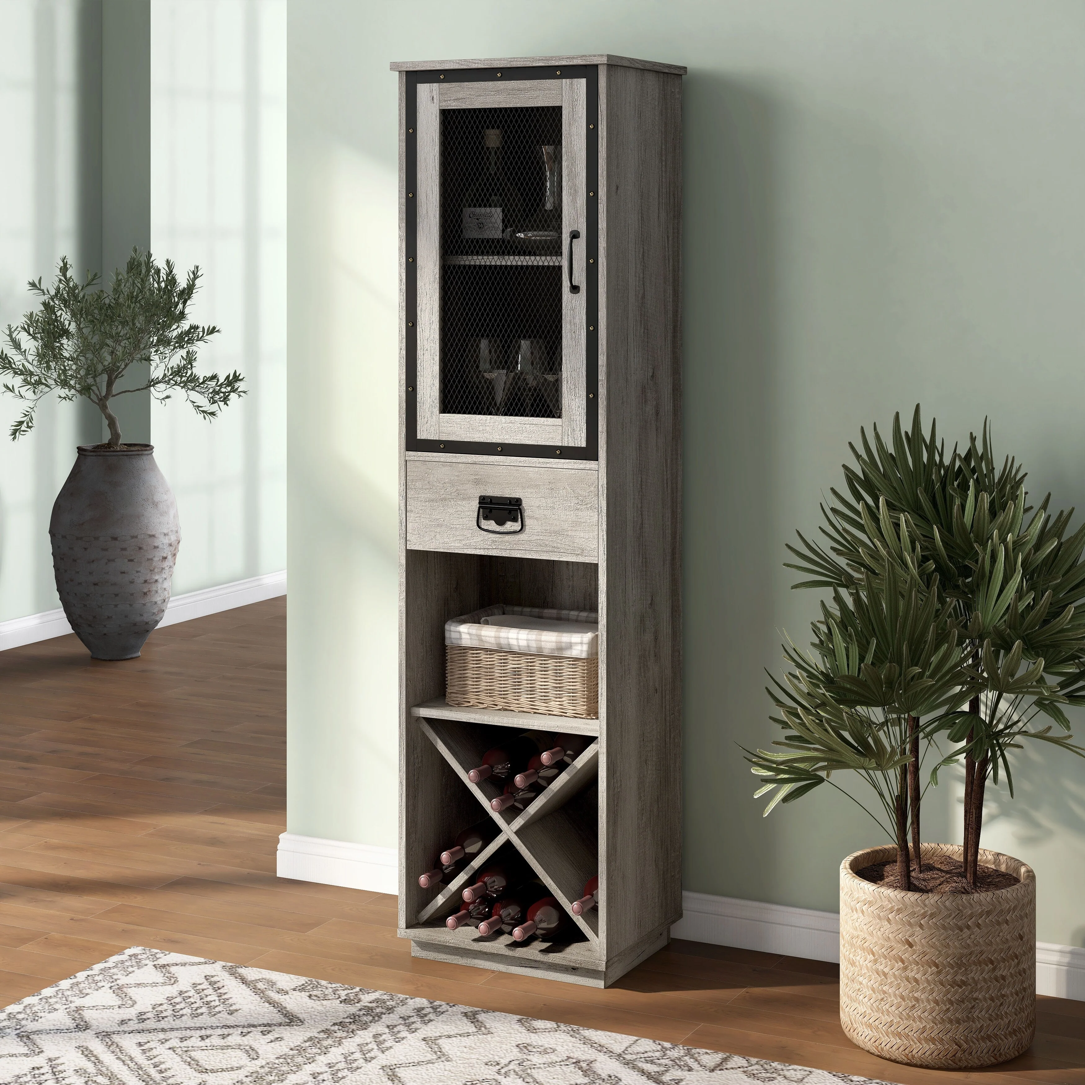 DH BASIC Industrial 3-shelf Tower Cabinet with Wine Bottle Storage by Denhour