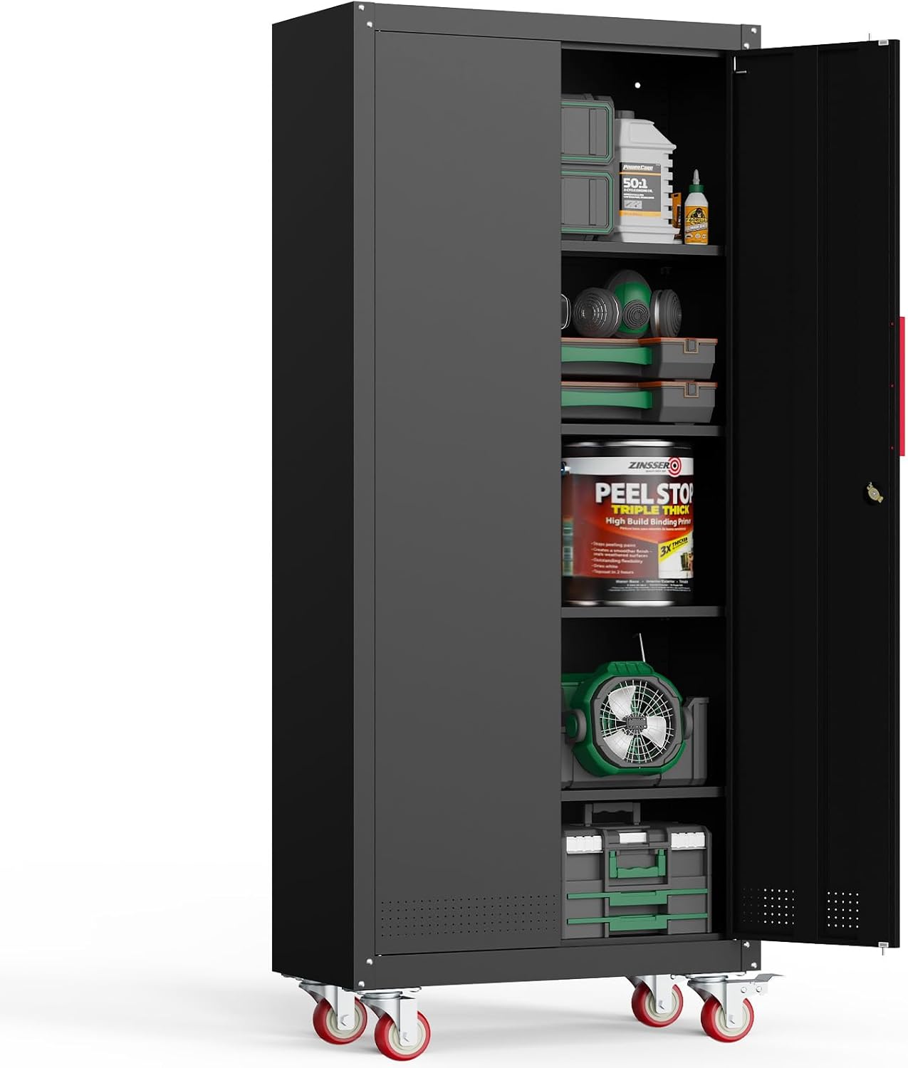 Kelueo 71 H Garage Storage Cabinet with Wheels,Metal Cabinets with 4 Adjustable Shelves and 2 Locking Doors for Garage,Home,Office,Shop,Black