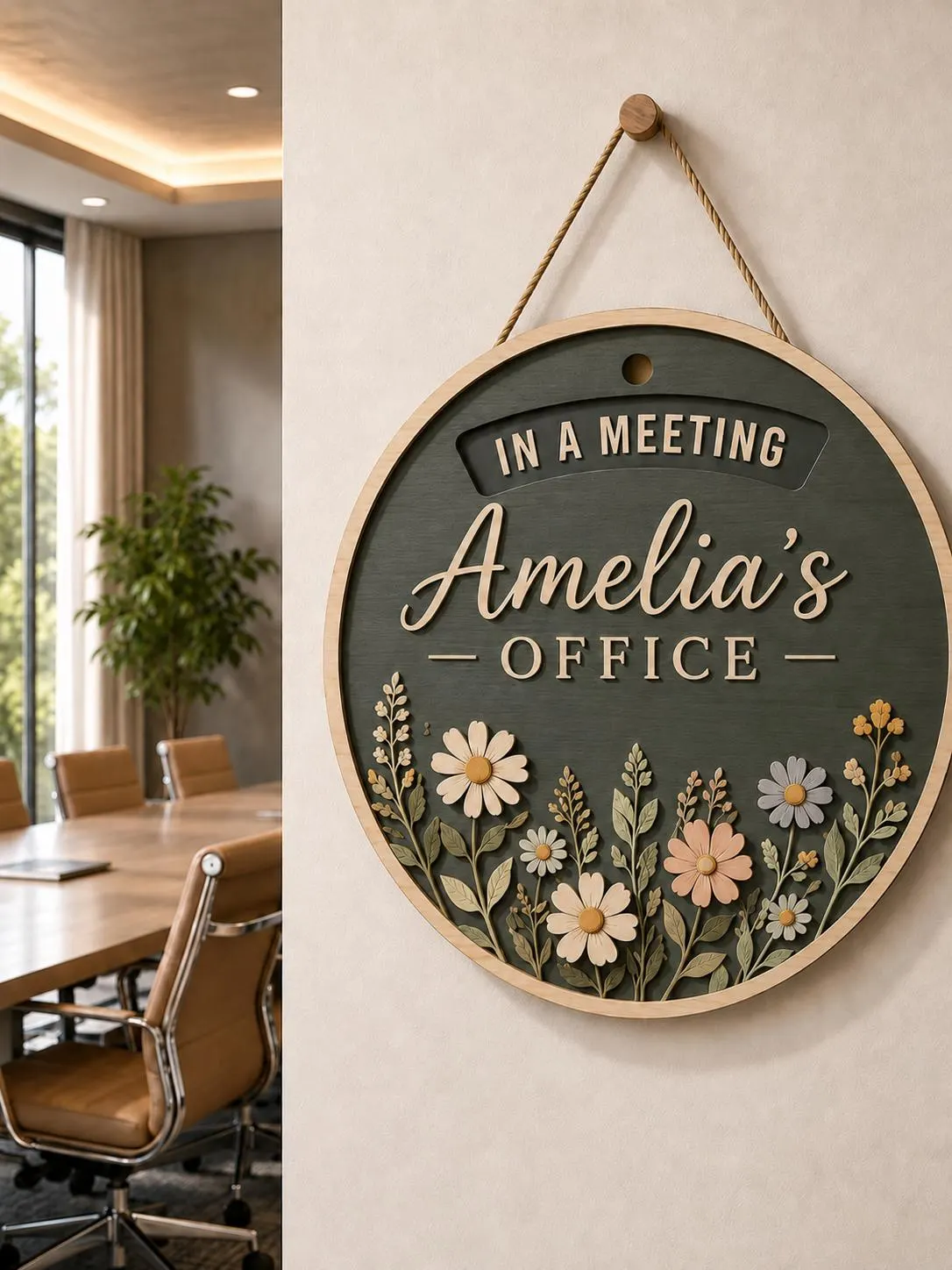 Custom Wooden Office Door Sign, Personalized Office Name Plaque with In Meeting Sign, Floral Office Decor, Business Office Gift for Her