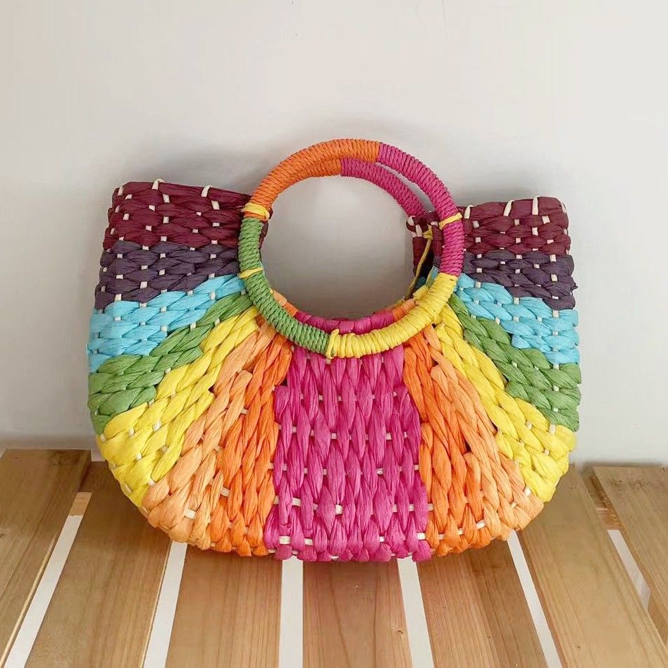 PEACH ACCESSORIES Small Rainbow Raffia Handbag with Circular Handles