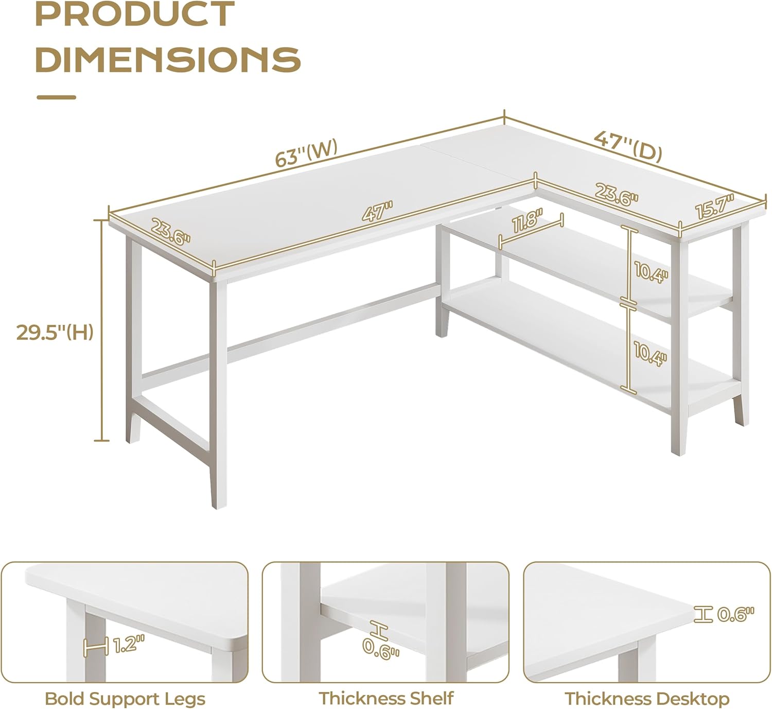 IOTXY Reversible L-Shaped Office Desk - 63 Extra Large Corner Computer Table with Storage Shelves, Solid Wood Legs, Home Writing & Study Workstation, White