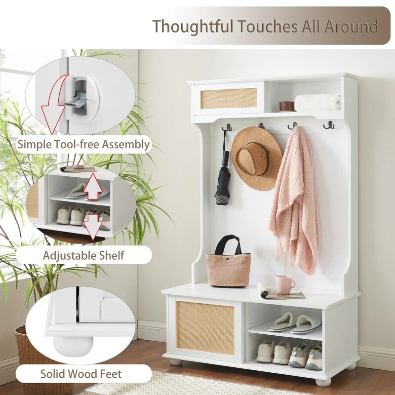 White Casual Style Hall Tree with Rattan Door Shelves,Shoe Cabinets, Entryway Bench
