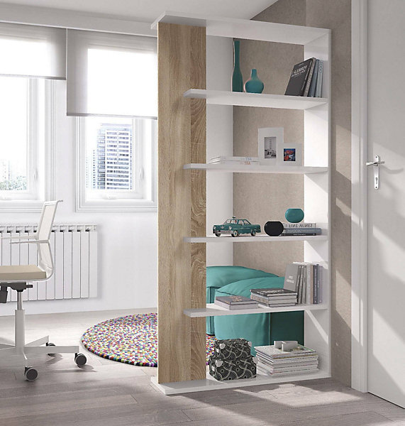 Bibliotheque Dblanc, Bibliotheque double face avec 5 Etageres, 90x25h180 cm, Blanc et Chêne