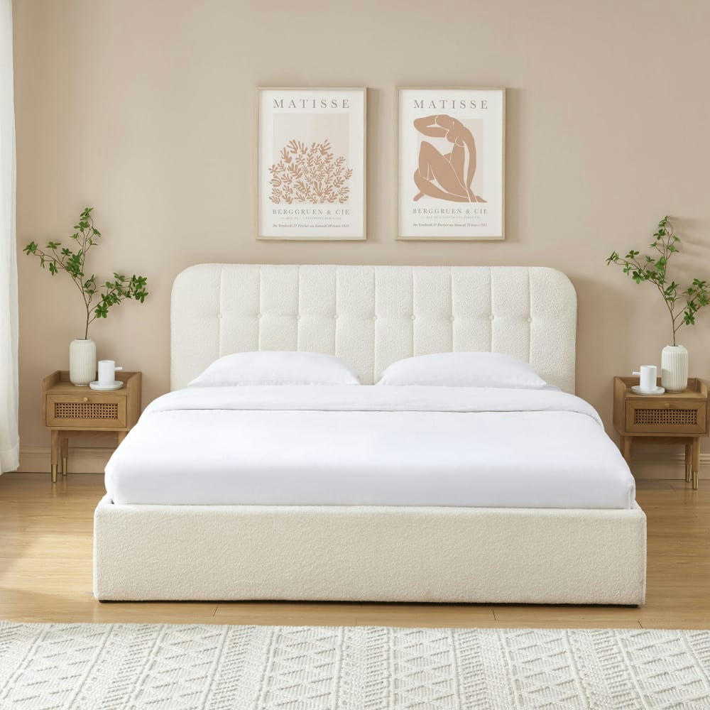 TORGO - Lit coffre matelassé en tissu bouclette 180x200cm ecru