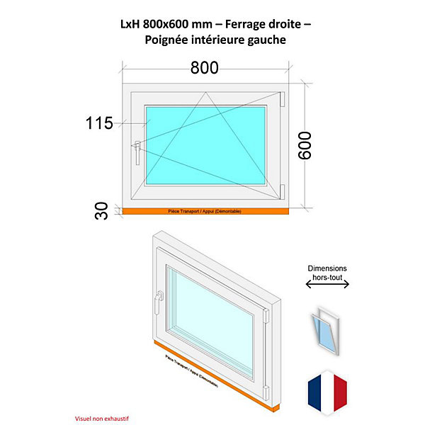 Fenêtre PVC - LxH 800x600 mm -Triple Vitrage - Blanc -poignée à gauche