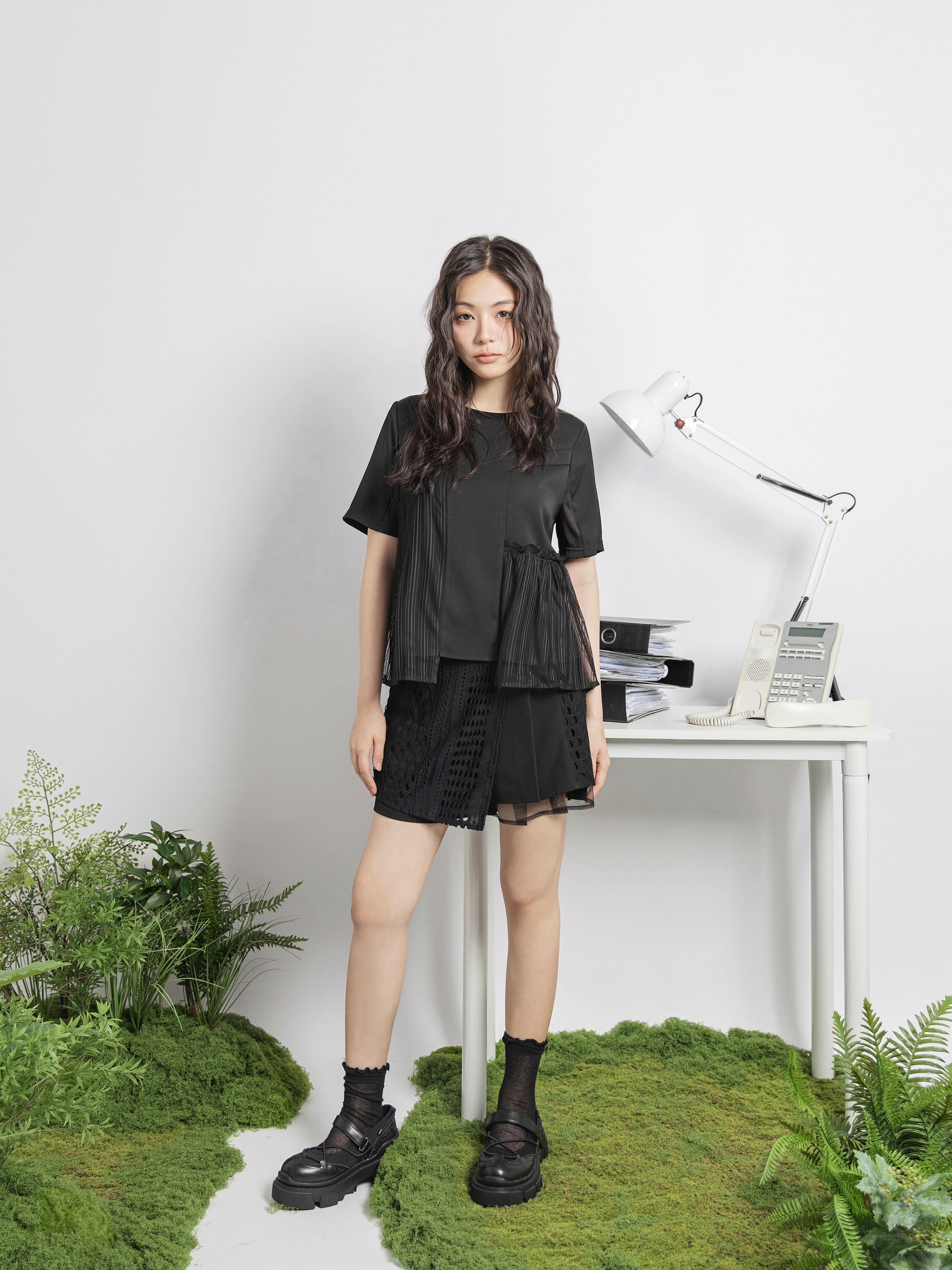 Patchwork Pleated Mesh Short - 25SDB105W