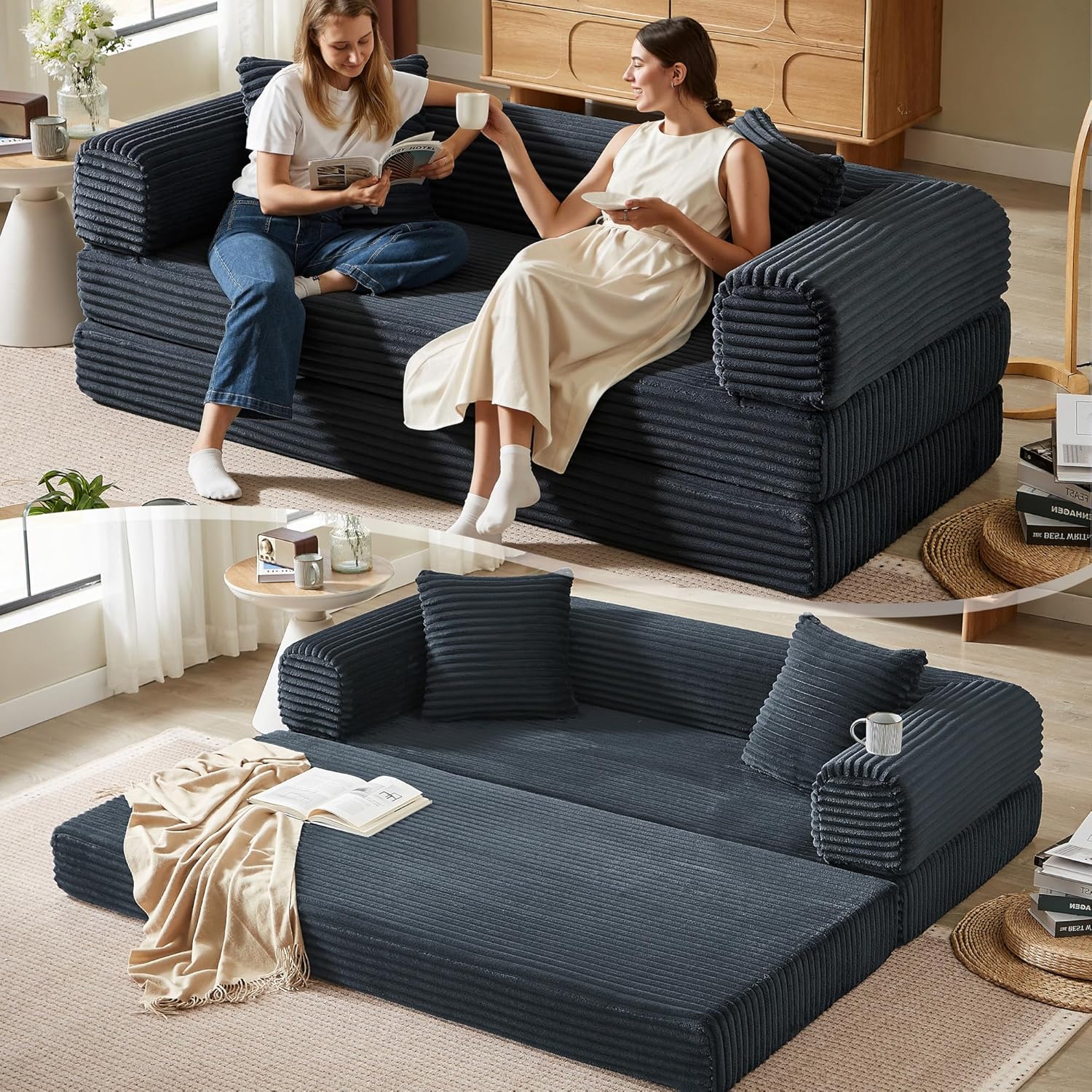 Boneless Couch Versatile Couches for Living Room No-Install Sofa Bed Corduroy Futon Soft Cloud Couch with Pillows for Bedroom Game Movie (Dark Gray, 76)