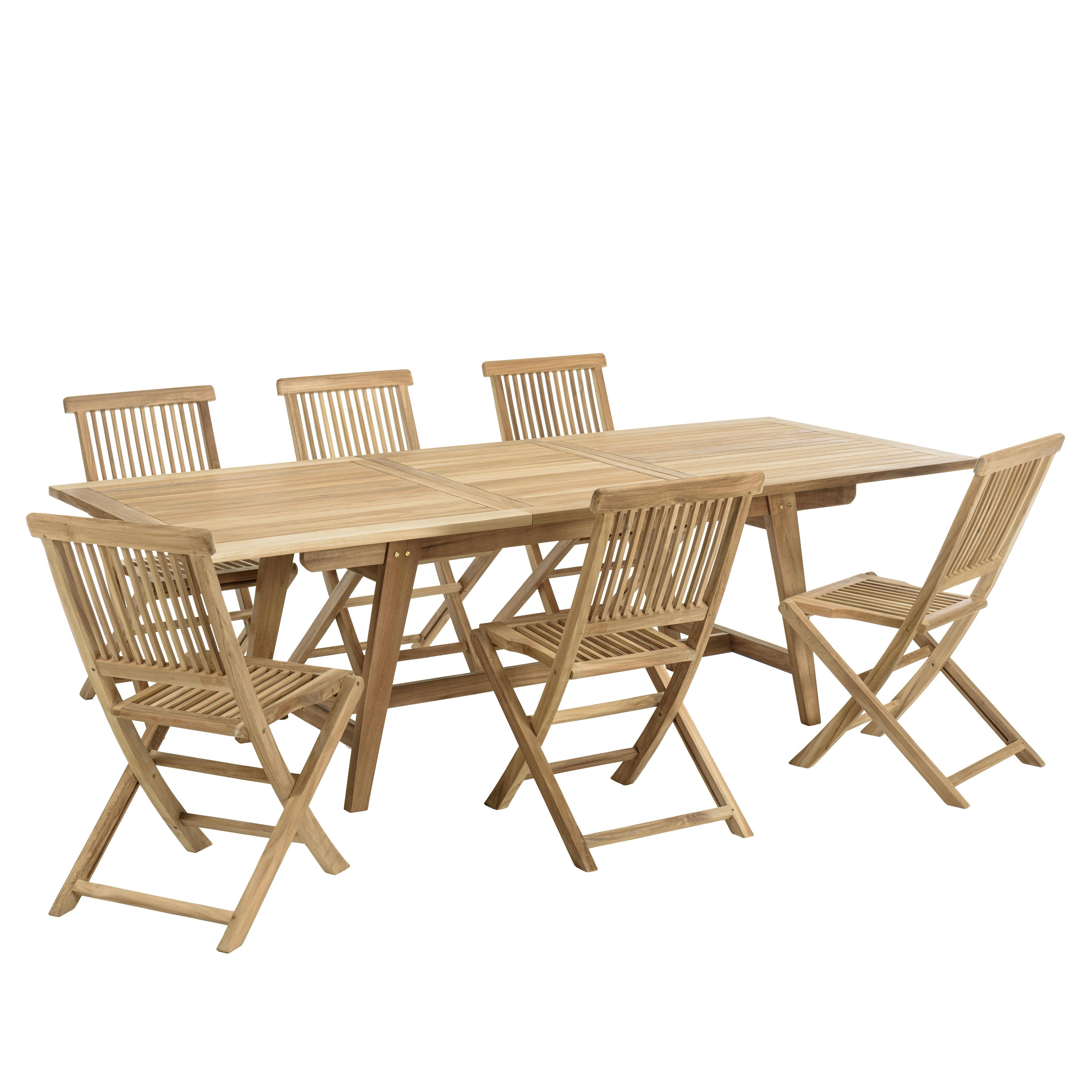 Salon de jardin teck brut table pieds tréteaux 180/240   6 chaises bord droit SUMMER