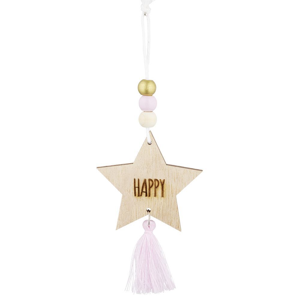 Suspension étoile de No&euml;l en bois avec pompon et perles H10,5cm