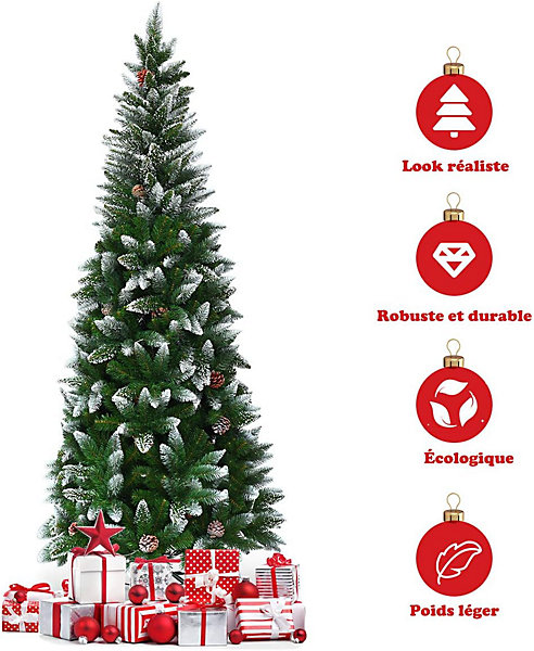 180CM Sapin de Noël Enneigé Mince avec Pommes de Pin 630 720 Branches en PVC Ignifuge Base en Méta, Arbre de Noël Décoration