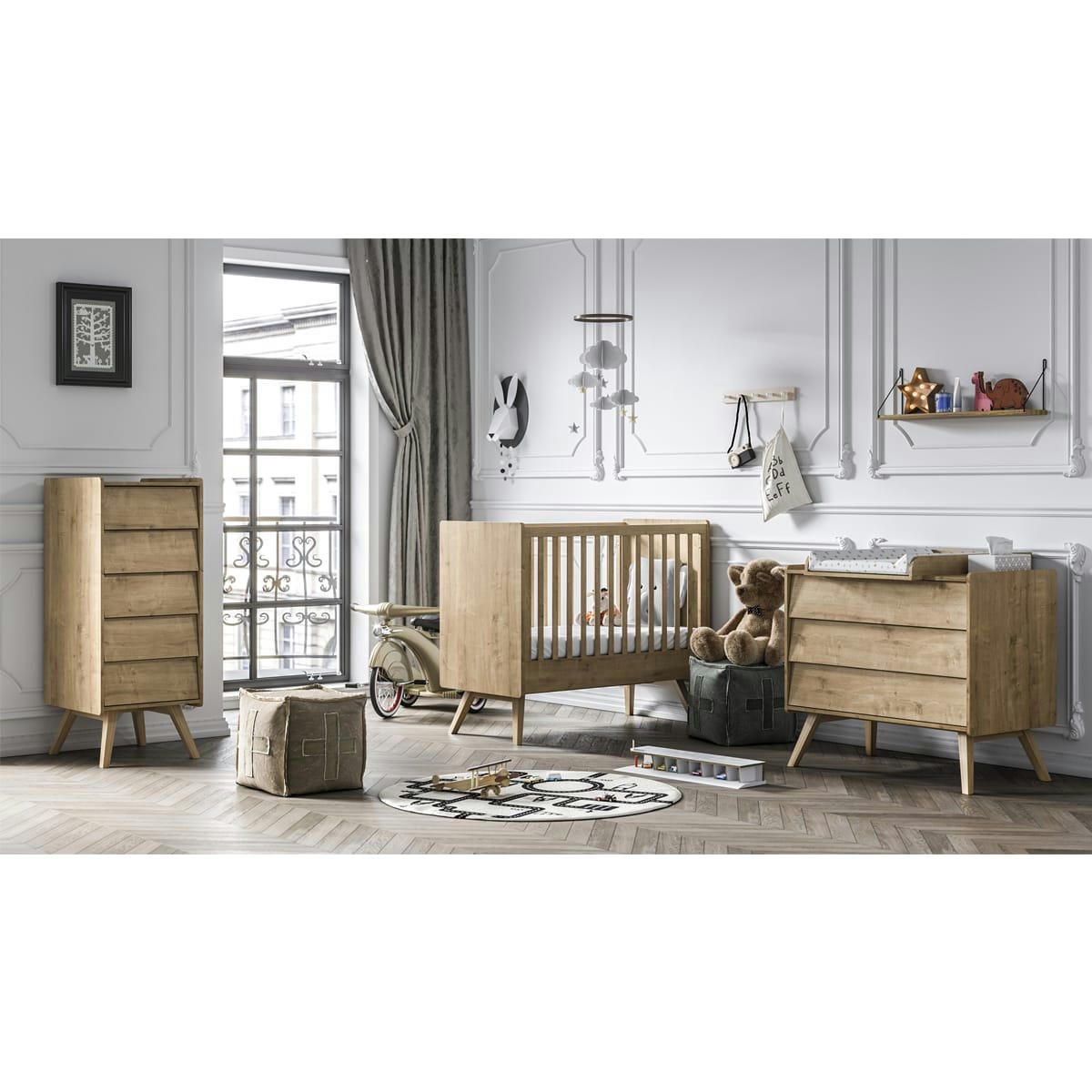 TRIO - VINTAGE - Chambre bébé : Trio - lit bébé 60x120 commode chiffonnier naturel
