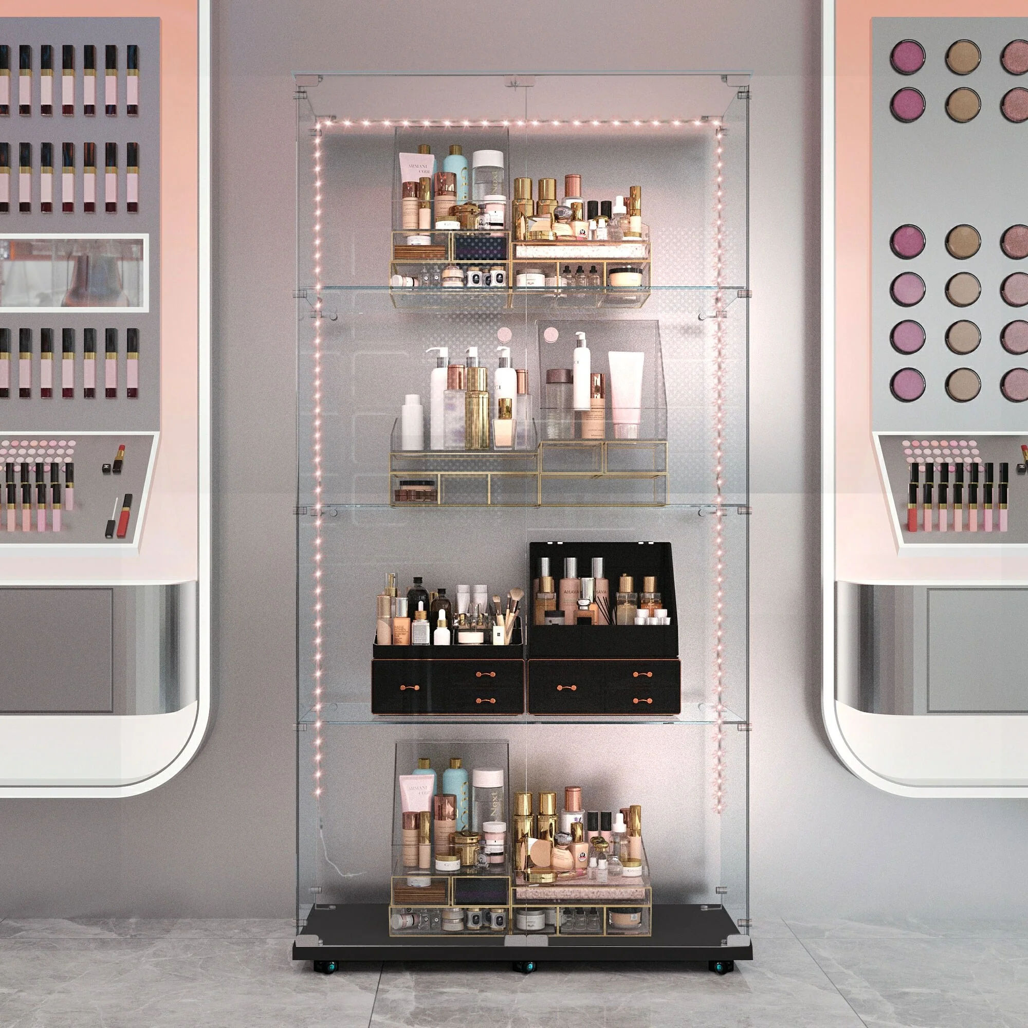 Tempered glass display cabinet, with Bluetooth LED strip,can be controlled by remote control or mobile APP,swivel casters