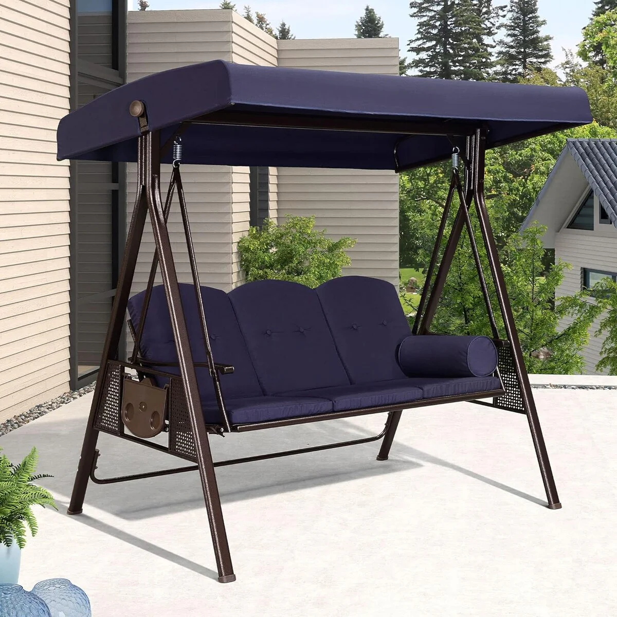 PURPLE LEAF 3-Seat Deluxe Outdoor Patio Porch Swing with Weather Resistant Steel Frame, Cushions and Pillow Included