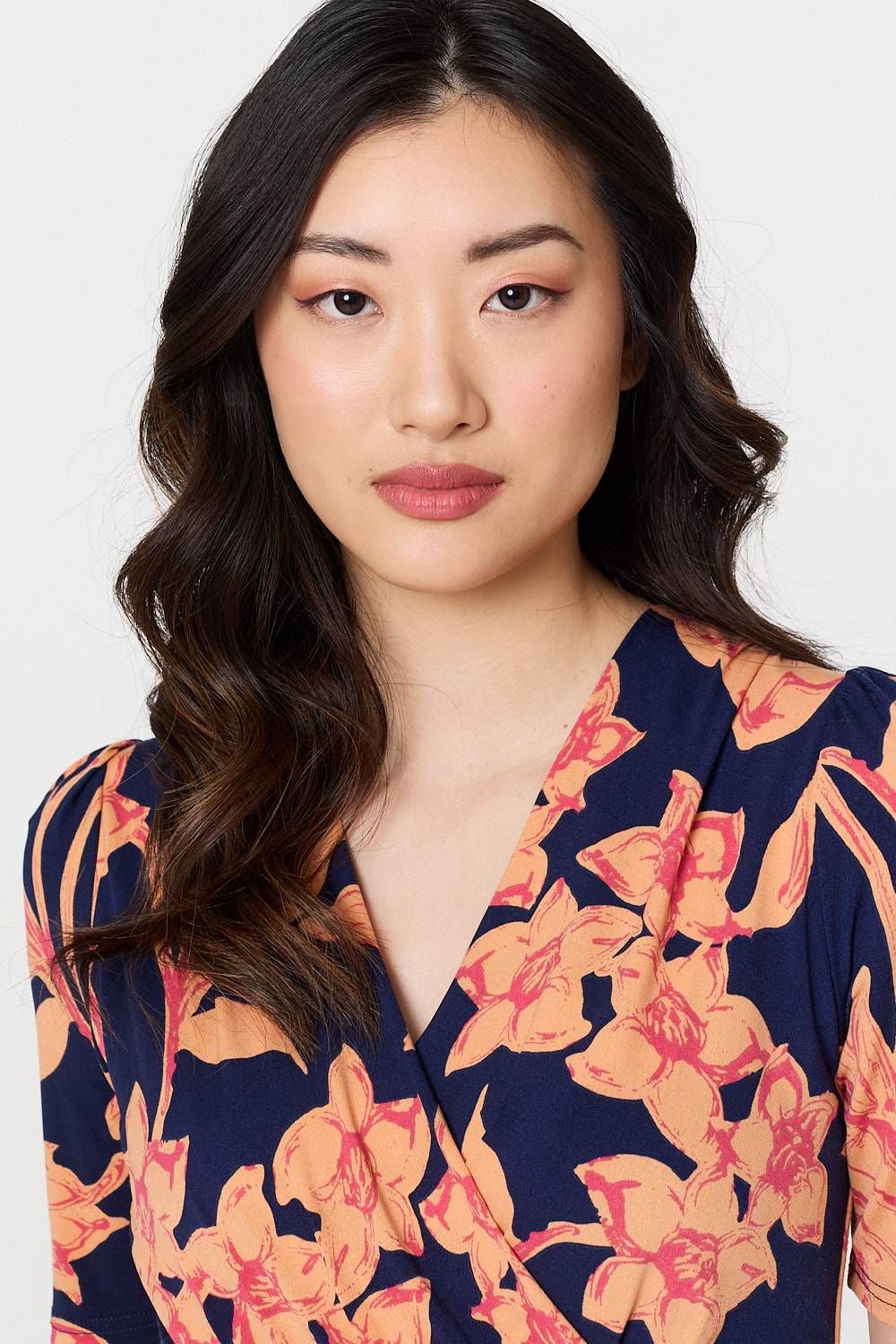 Izabel London Floral 1/2 Sleeve Faux Wrap Midi Dress