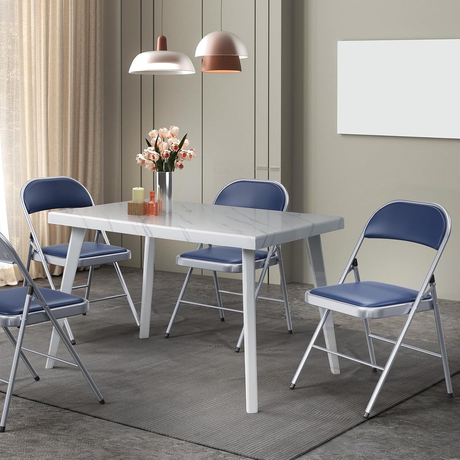 VINGLI 6 Pack Folding Chairs with Padded Seats, Metal Frame with Pu Leather Seat & Back, Capacity 350 lbs, Blue