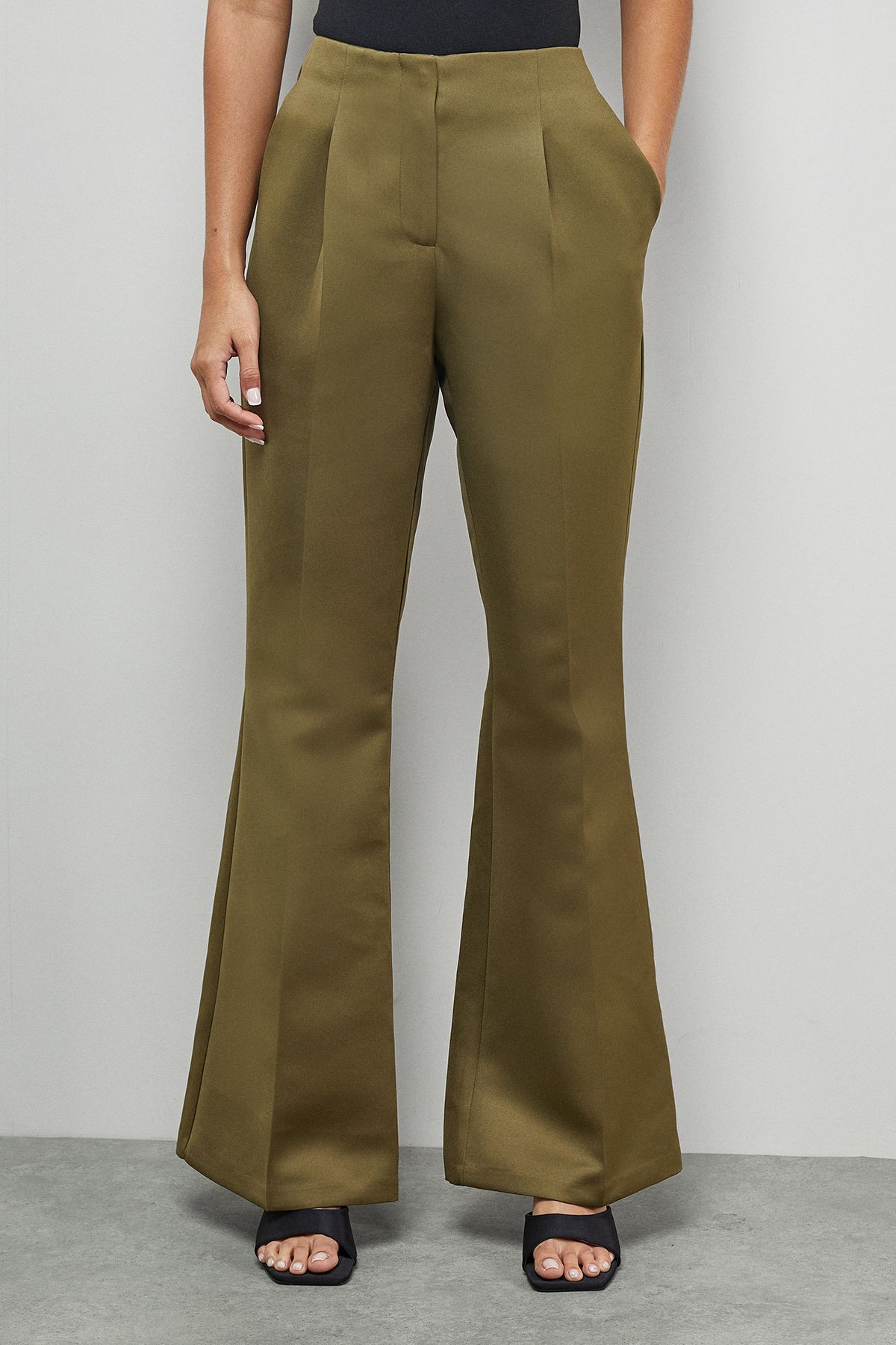 Warehouse Premium Satin Clean Waistband Flare Trousers Co-ord