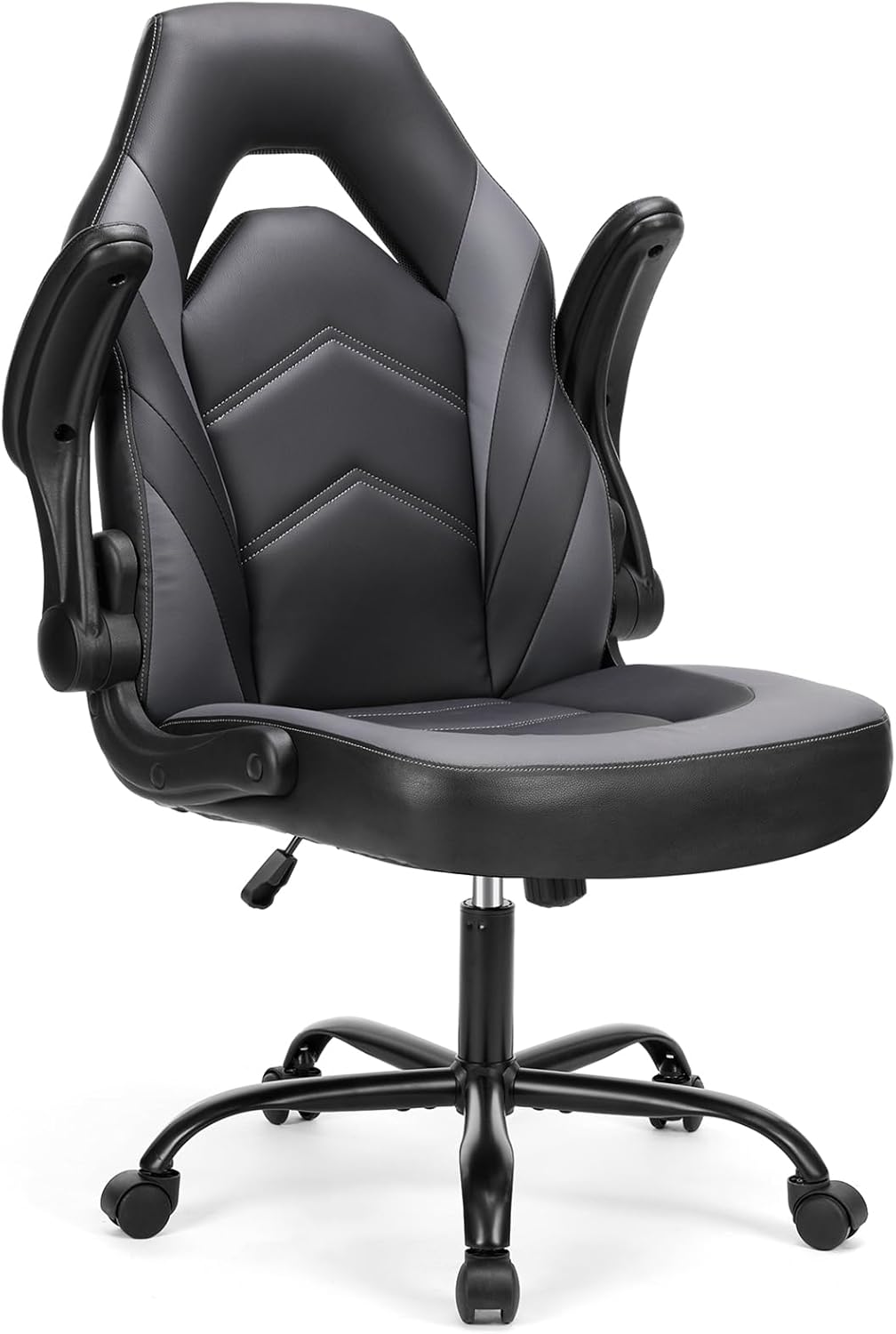 Sweetcrispy Computer Video Game Desk Chair - Ergonomic Comfy Lumbar Support, PU Leather with Flip-up Armrest, Height Adjustable and 360° Swivel, for Adults, Black Grey