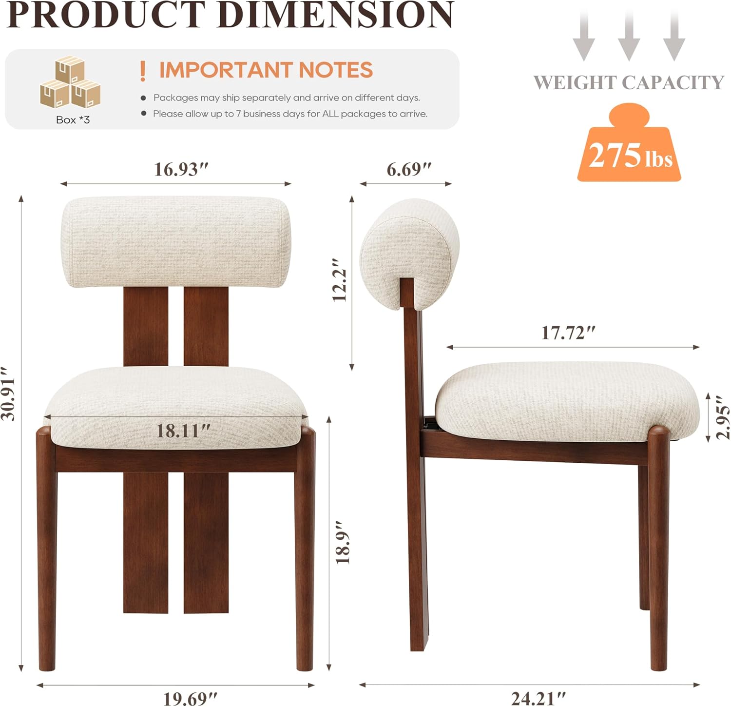 MALOL Modern Wooden Dining Chairs Set of 6, Upholstered Fabric Kitchen Chairs with Sculptural Backrest, Mid-Century Farmhouse Dining Room Chairs with Solid Wood Legs, Beige