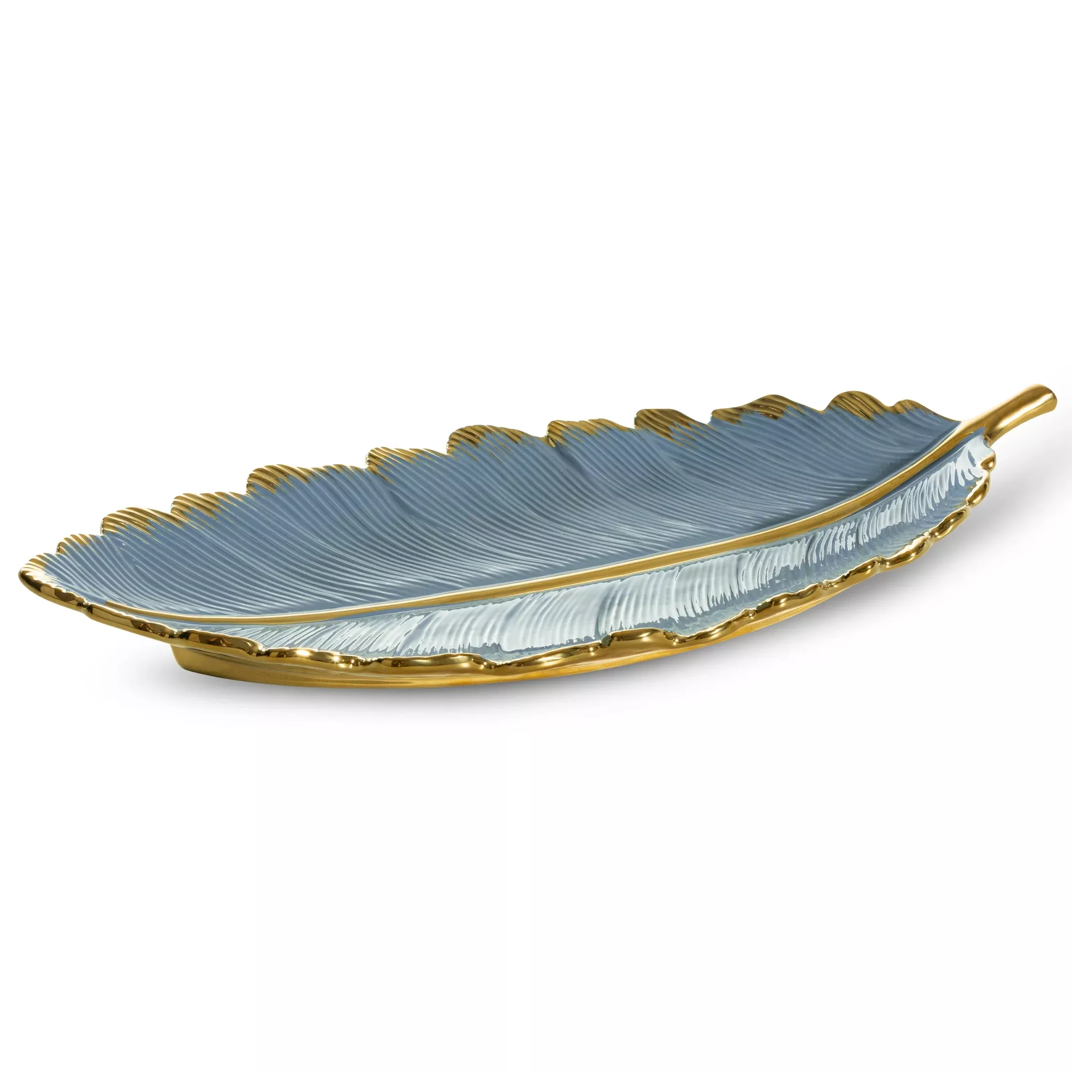 Patera ceramiczna dekoracyjna niebiesko-złotaw formie liścia 53x23x7 cm HIRAL