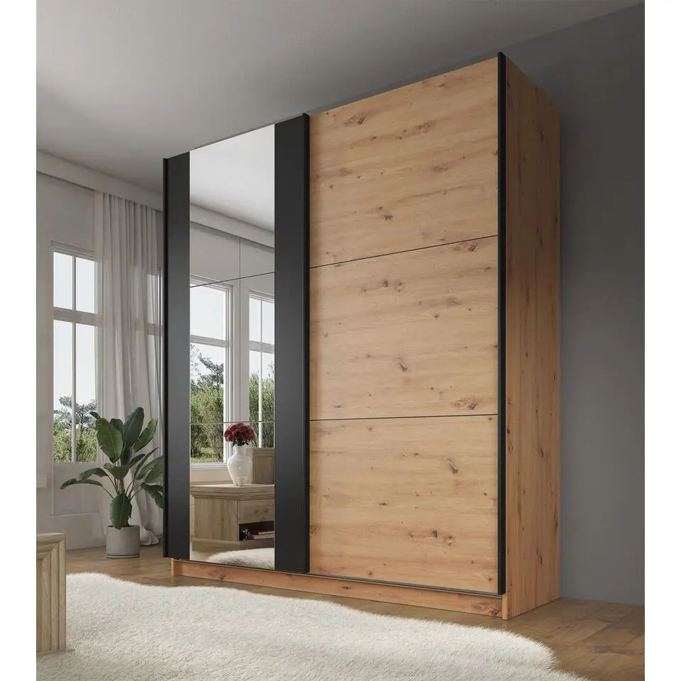 Meubella - Kledingkast Saturn - Eiken - Zwart - 179 cm - Met spiegel