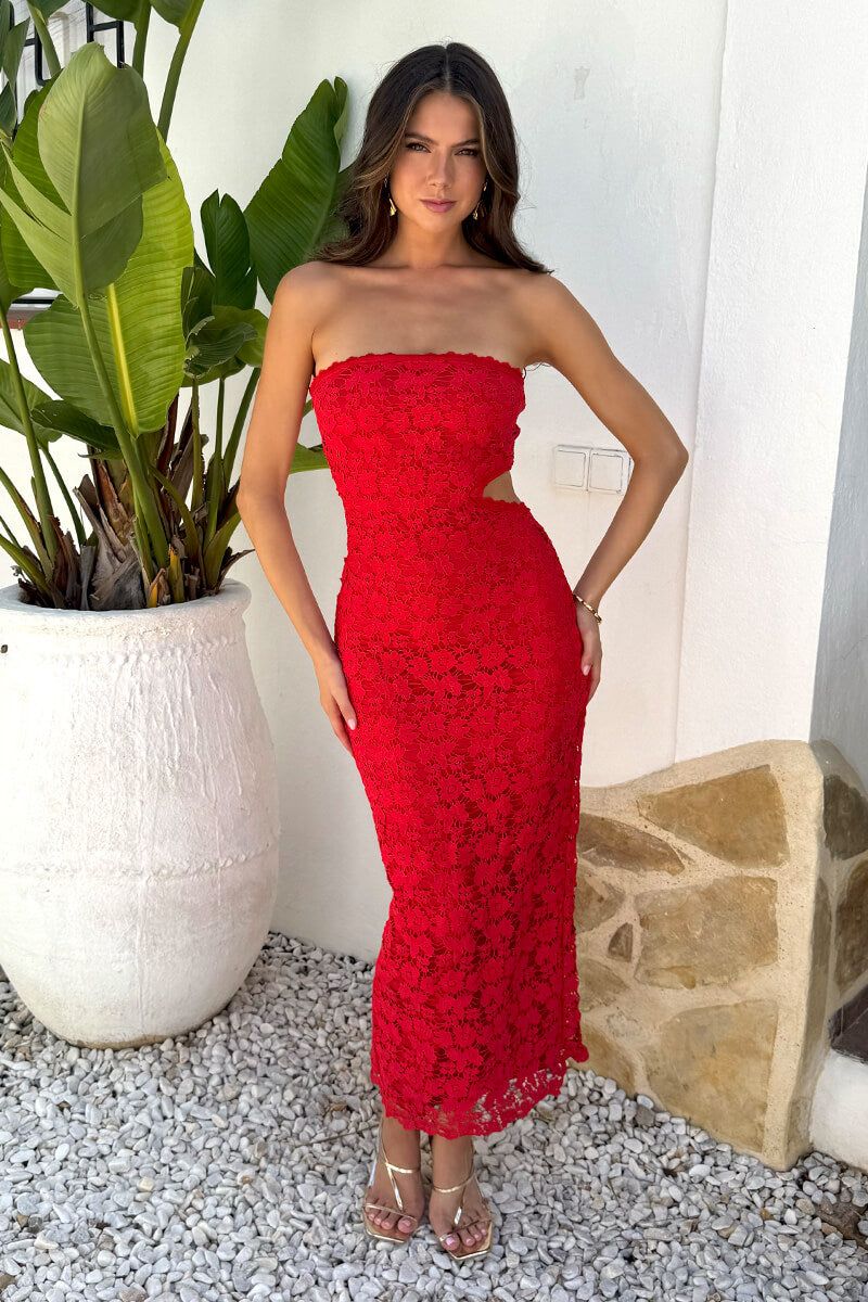 AX Paris Red Embroidered Overlay Bandeau Cut Out Midi Dress