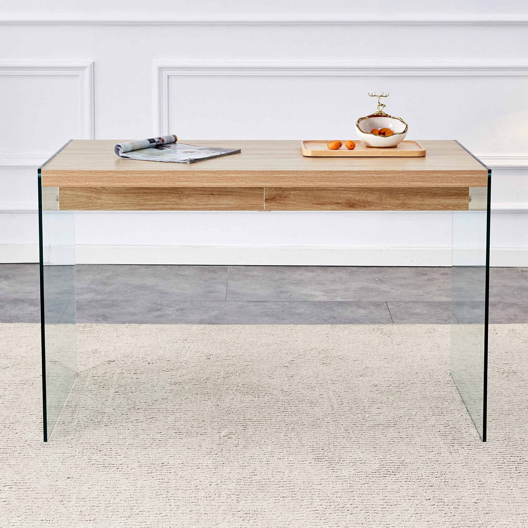 The top of the coffee table is made of medium density fiberboard and wooden stickers, with transparent tempered glass