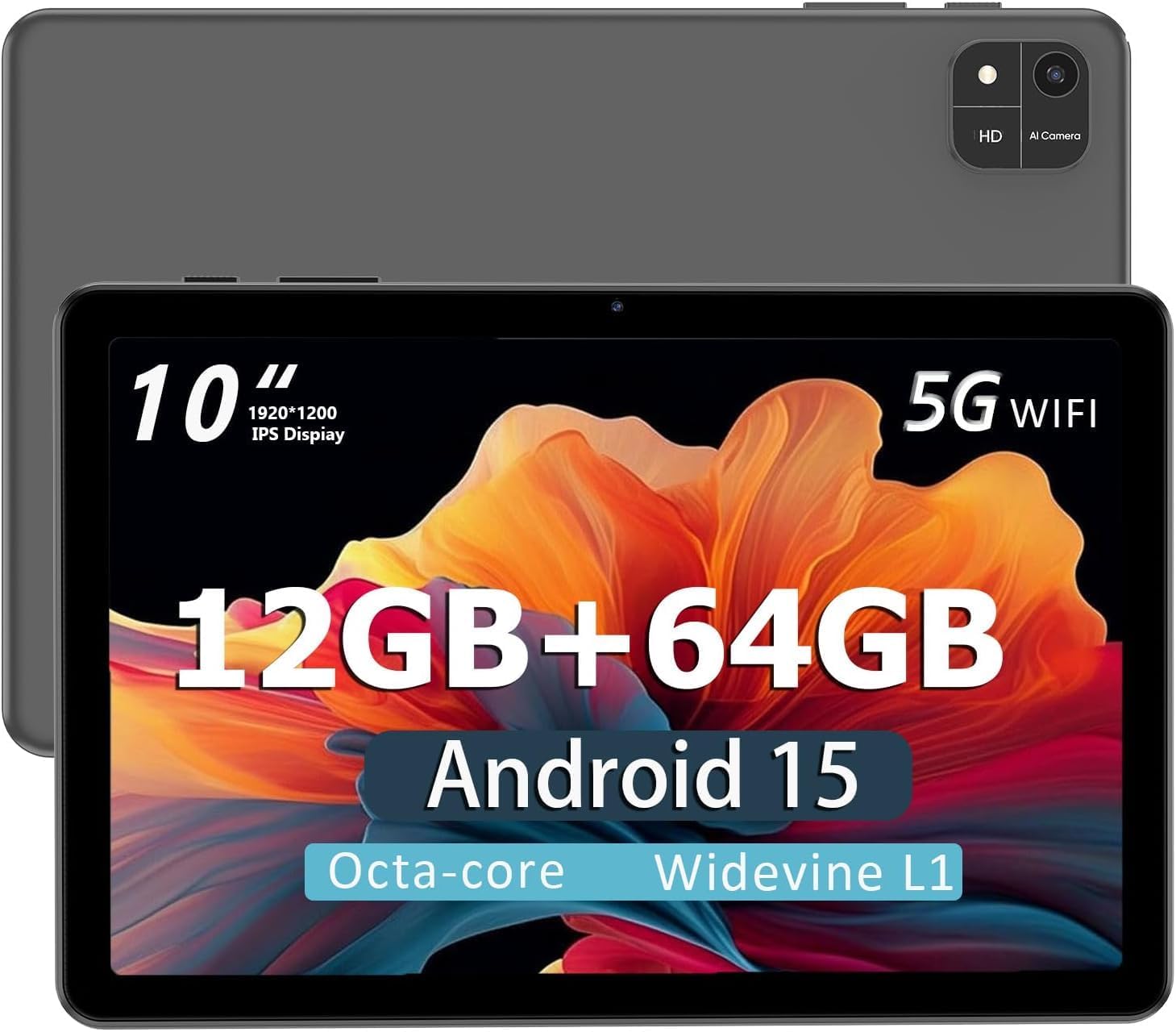 Android 15 Tablet,10 inch Tablets, Octa Core CPU, 12GB+64GB+512GB Expansion, 1280x800 Display Screen, Wi-Fi6, Dual Camera, 6000mAh Battery Tablet PC,Widevine L1 Google Kids Space