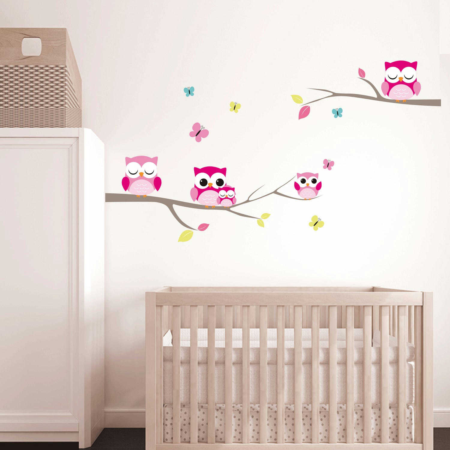 - Sticker enfant chouettes 70 x 20 cm blanc et rose