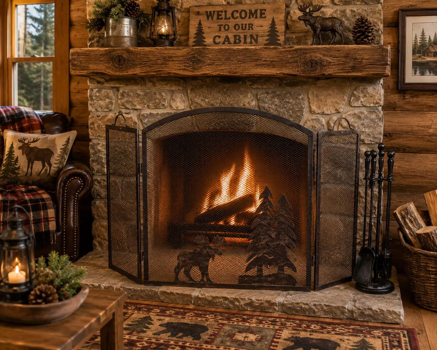 Rustic Moose & Pine Tree Fireplace Screen 3 Panel Folding Metal Fire Screen, Woodland Cabin Lodge Hearth Guard 31” H x 26” W, Made in Taiwan