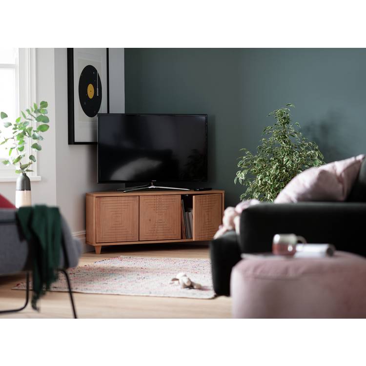 Habitat Grooved Storage 3 Door Corner TV Unit - Light Wood