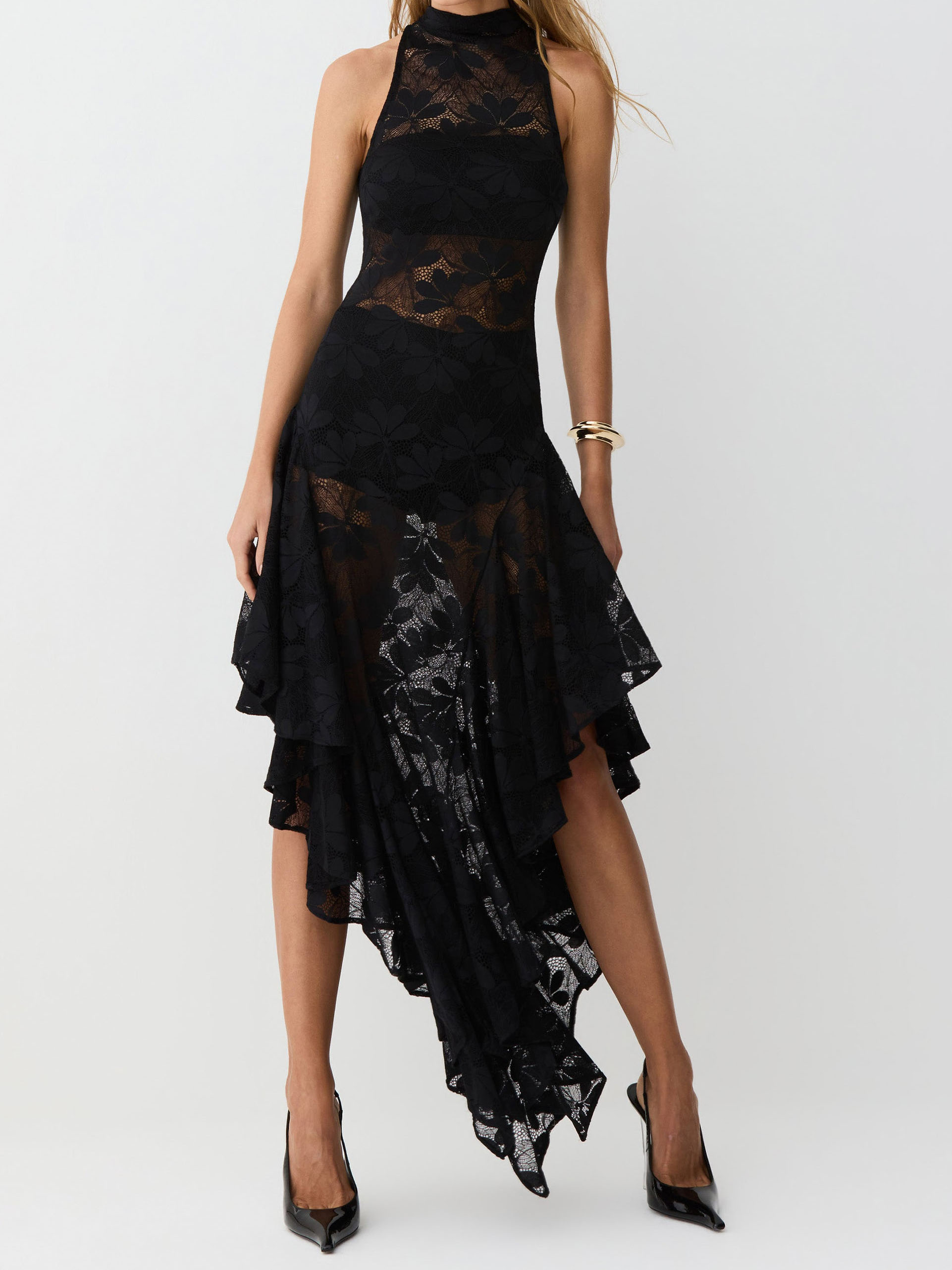 Elegant  Floral Lace High Neck Halter Sleeveless Asymmetric Midi Dress