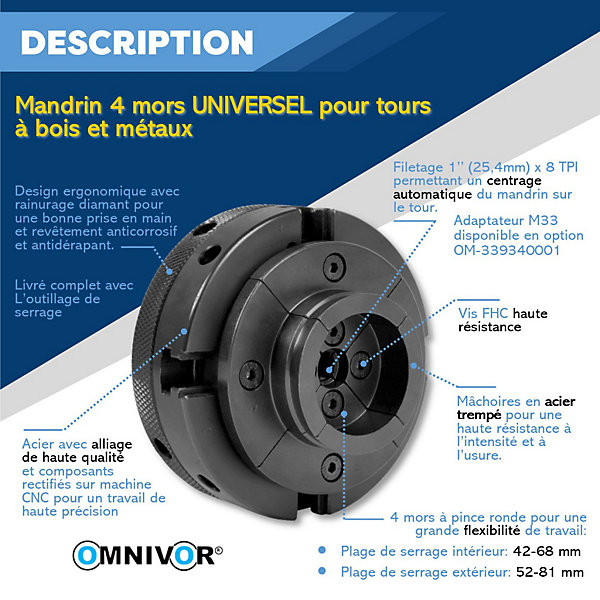 Mandrin de Tournage Concentrique 4 Mors D. 96 mm serrage 40 à 85 mm pour Tour à Bois Filetage M25,4 mm x 8TPI - OMNIVOR