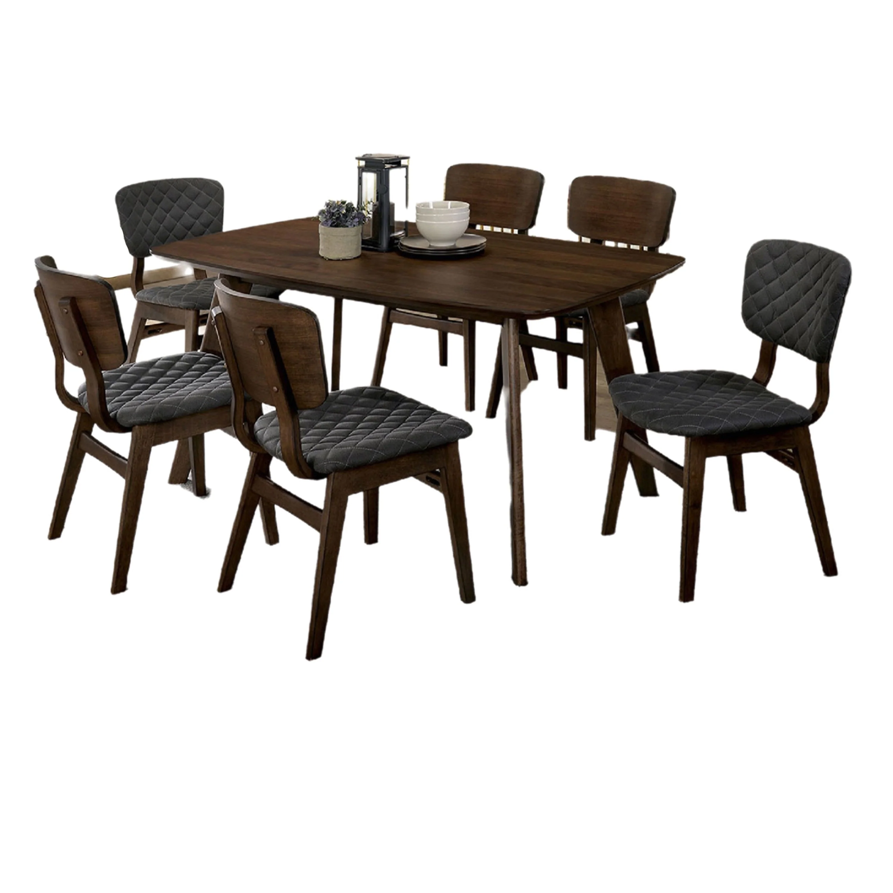 Ayna 7pc Dining Table Set with 6 Gray Fabric Chairs, Walnut Brown Wood