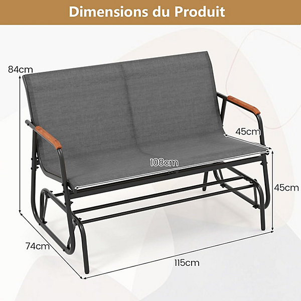 Banc Exterieur Jardin à Bascule,115x74x84 CM, avec Assise en Tissu,Accoudoirs en Teck et Structure en Métal (2 Personnes)